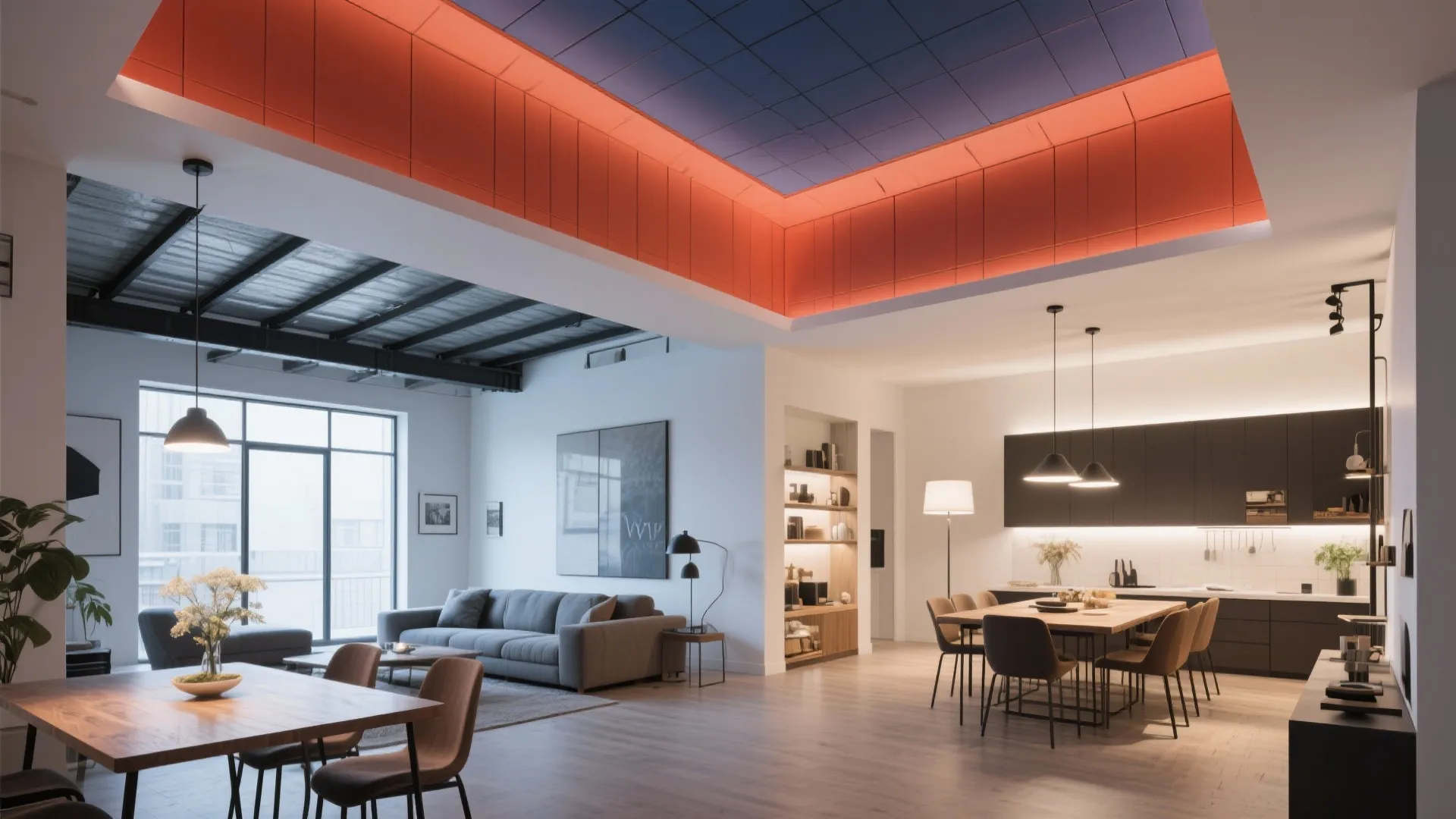 Modern open living area featuring red and blue ceiling panels with grey sofa and dining table