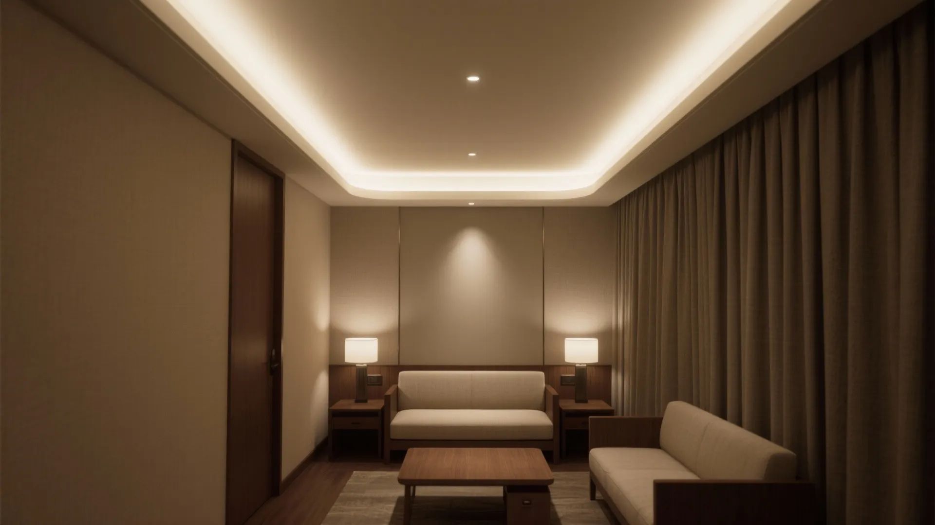 Modern living room with hidden ceiling lights brown curtains two sofas and a wooden coffee table
