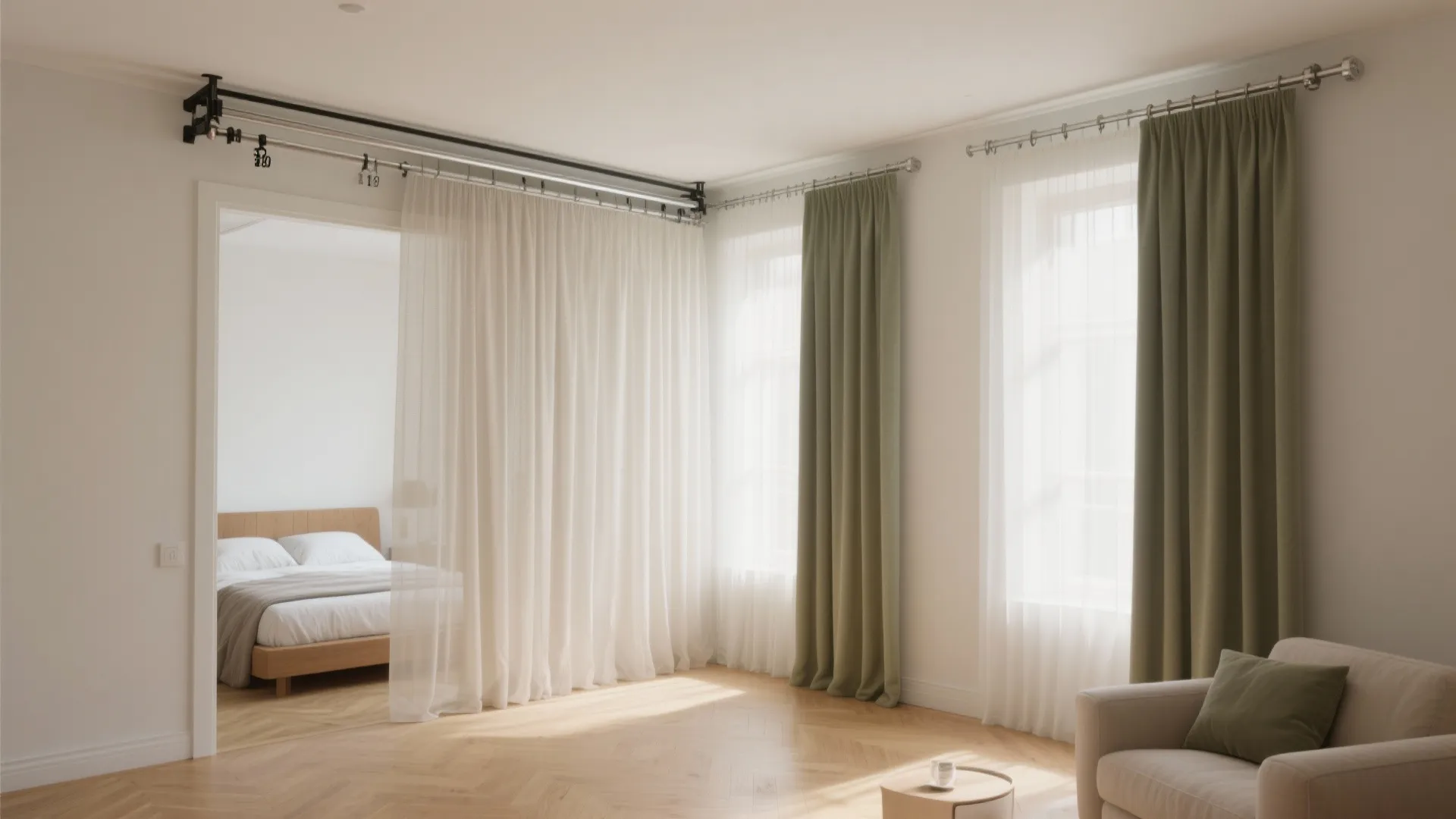 Bright living room featuring green curtains white sheer fabric wooden floor sofa and bedroom background view