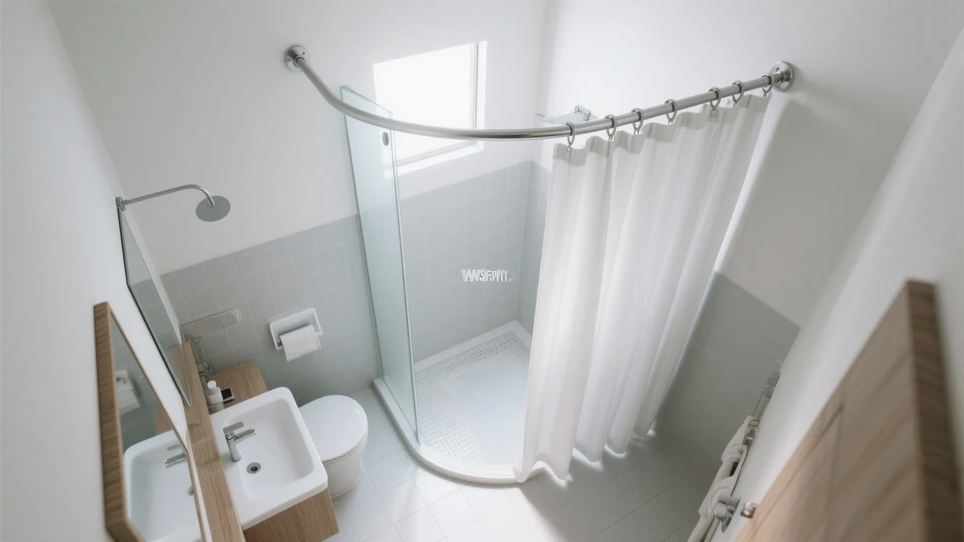 Modern white bathroom layout featuring a curved curtain rod with white curtain and small sink
