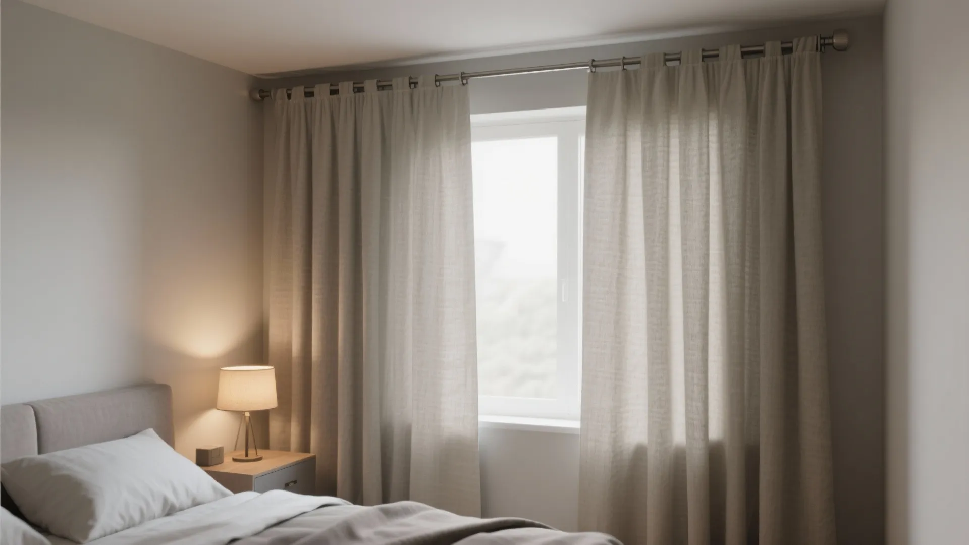 Bedroom alcove with ceiling-mounted linen curtains for flexible privacy