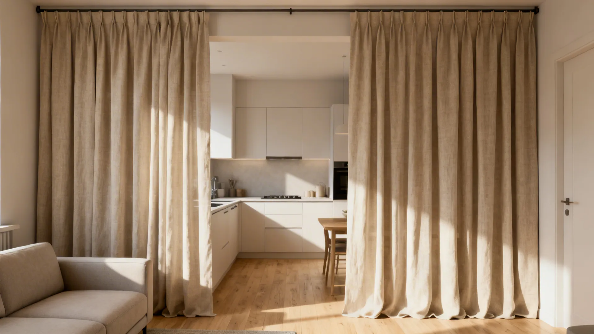 Ceiling track linen curtains softly partition a small kitchen from the living room.