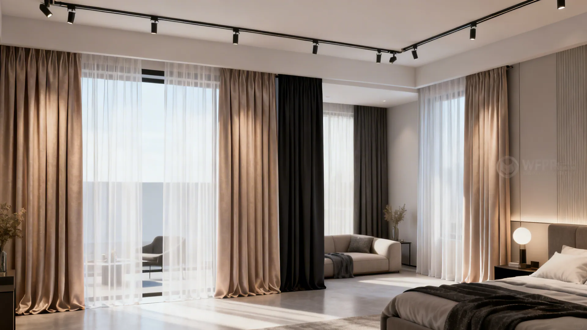 Ceiling-mounted double-track curtain system with sheer and blackout panels dividing a studio space.