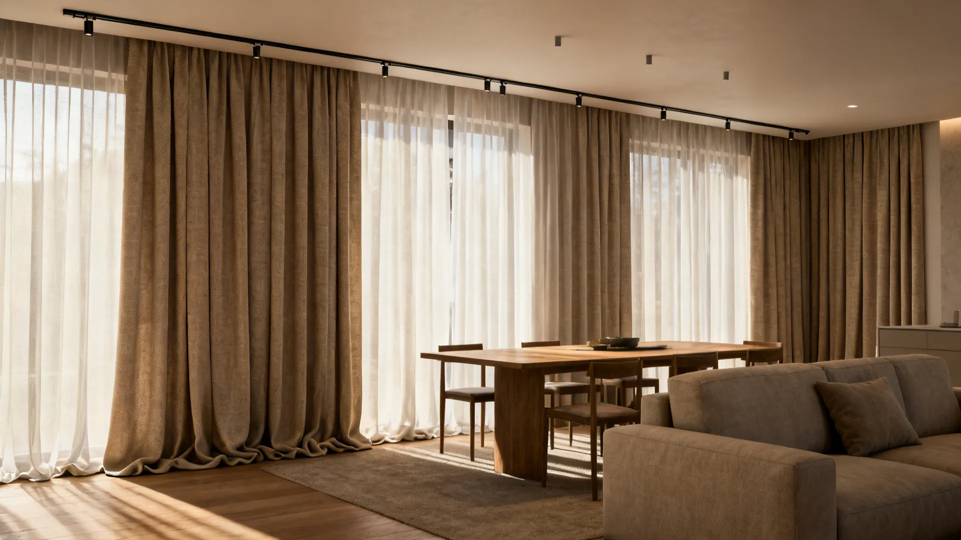 Full-height layered curtains on a ceiling track softly divide living and dining.
