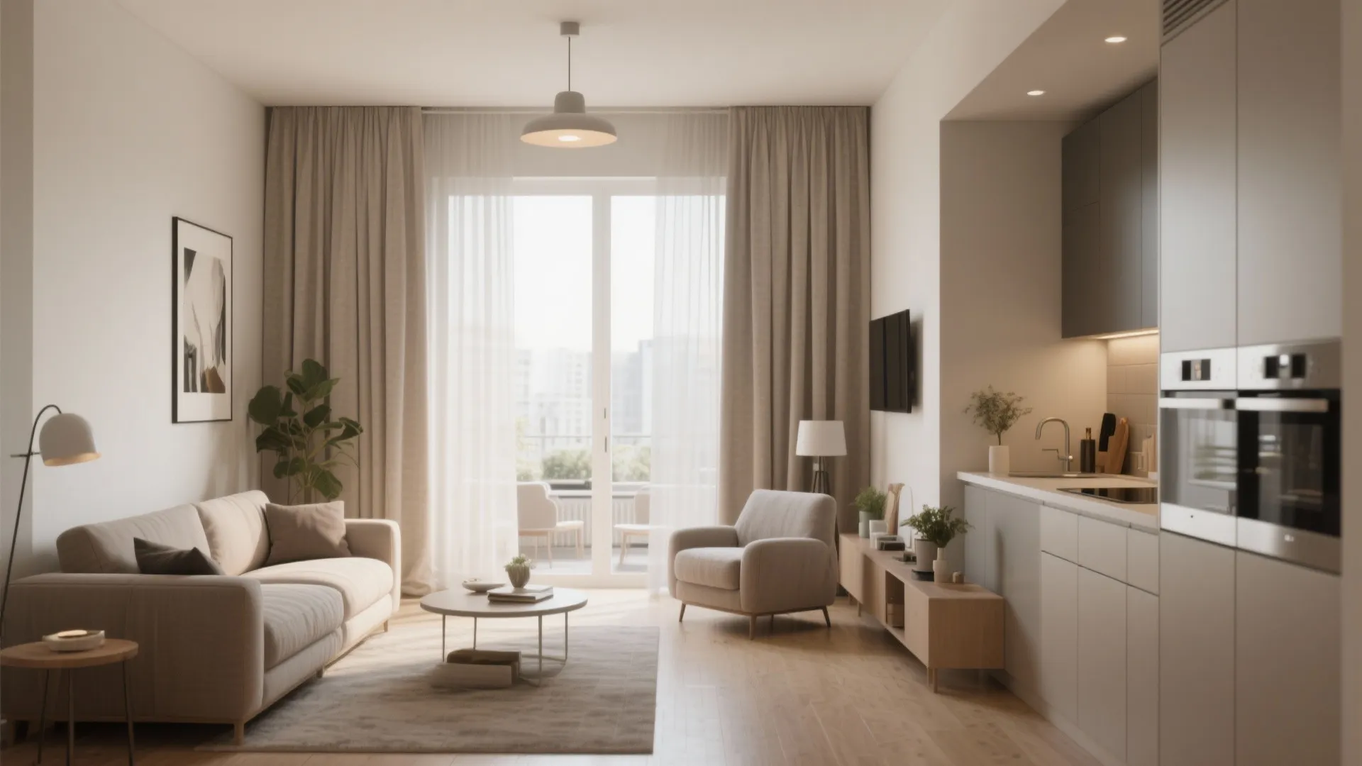 Bright living room with beige sofa round coffee table long curtains and a small kitchen