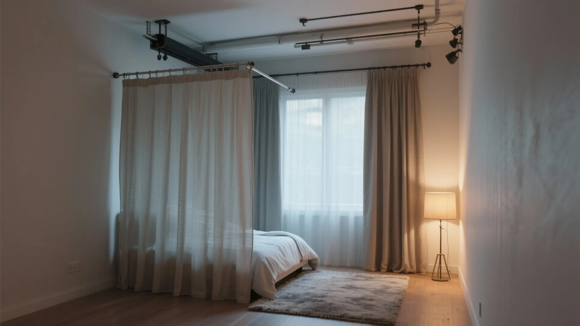 Bed area separated by grey ceiling curtains in a room with floor lamp and rug