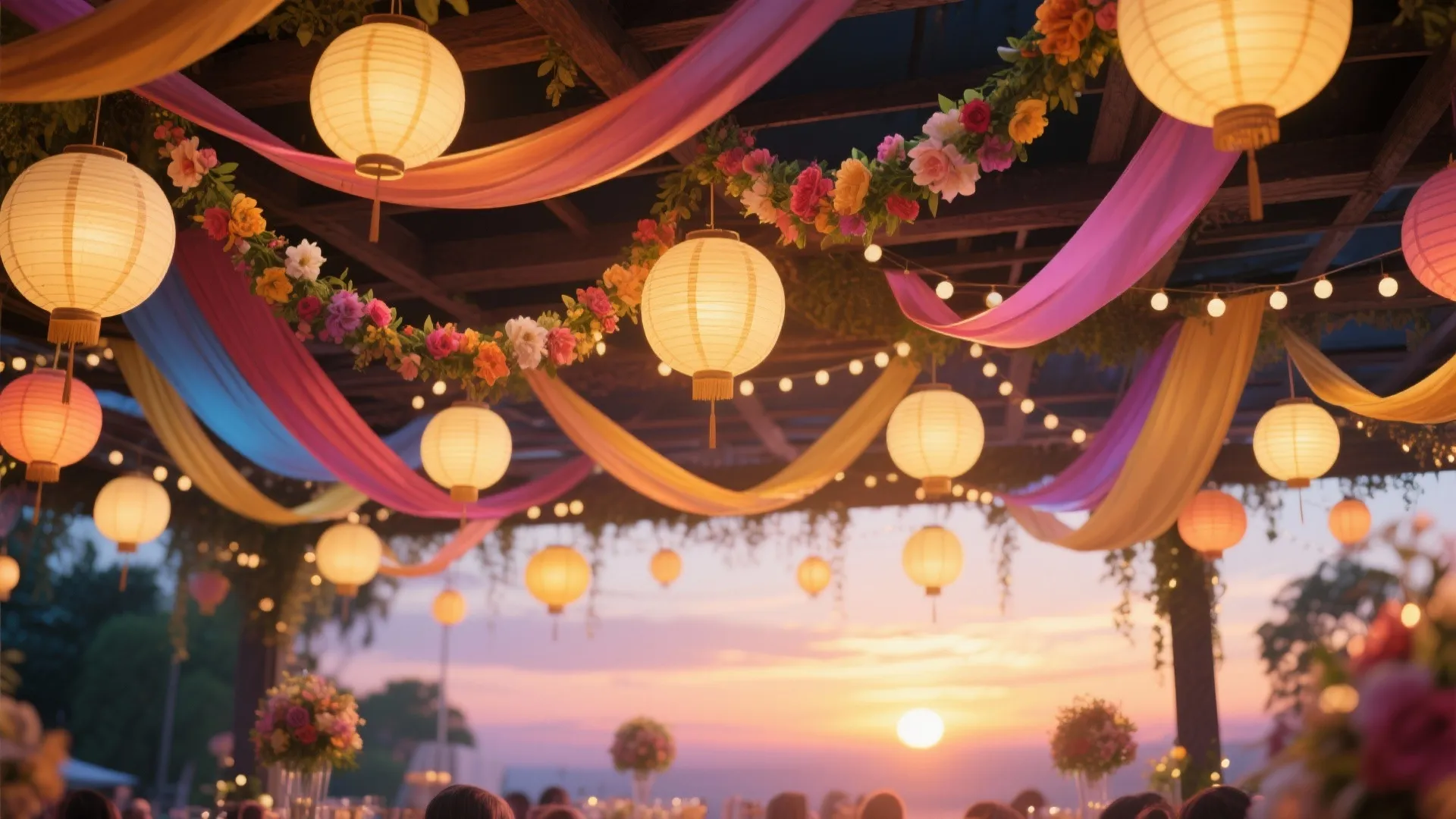 Outdoor event ceiling with paper lanterns hanging colorful fabric flower garlands and small warm lights