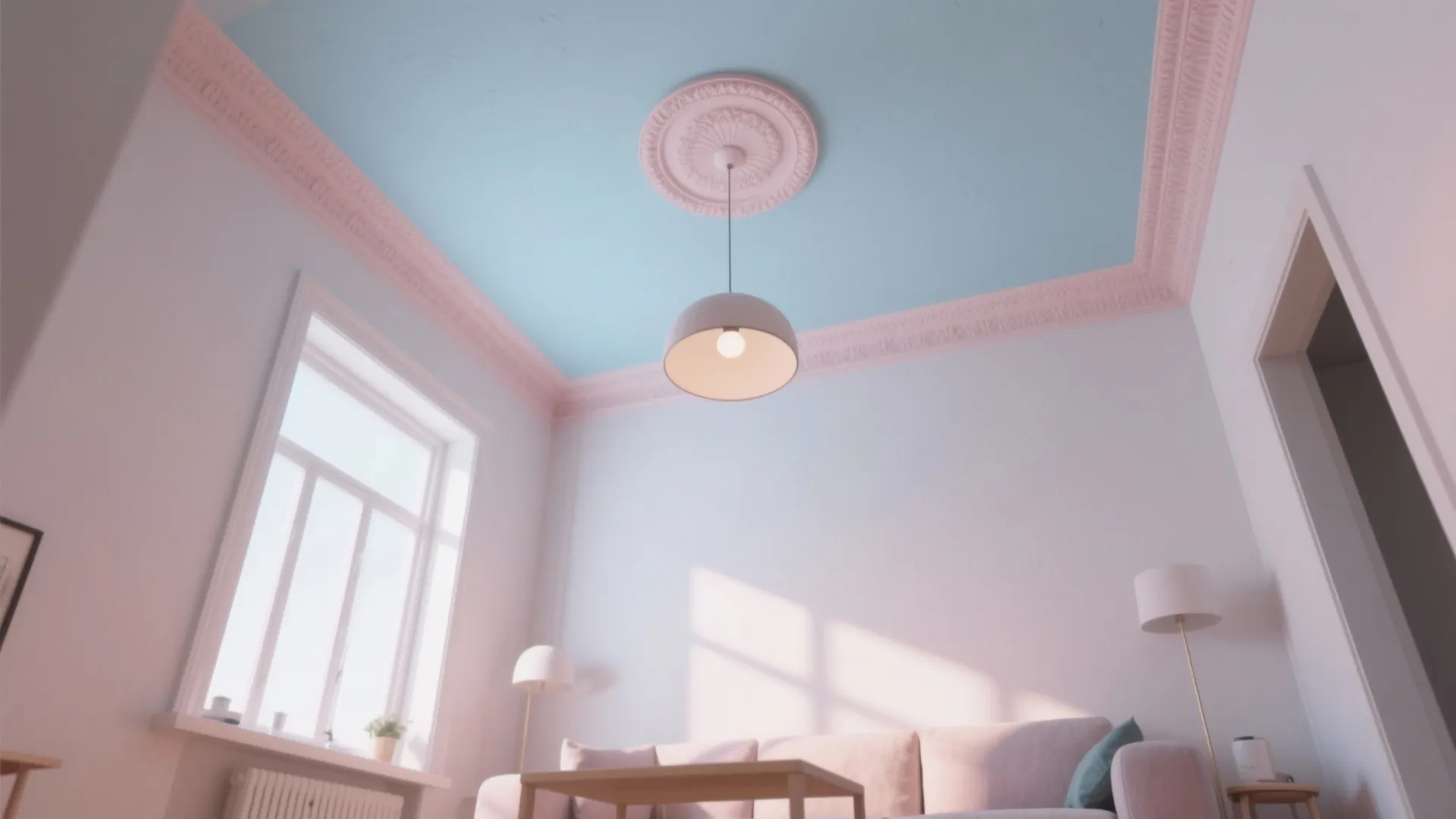 Bright living room featuring light blue ceiling with pink trim and a white ceiling light