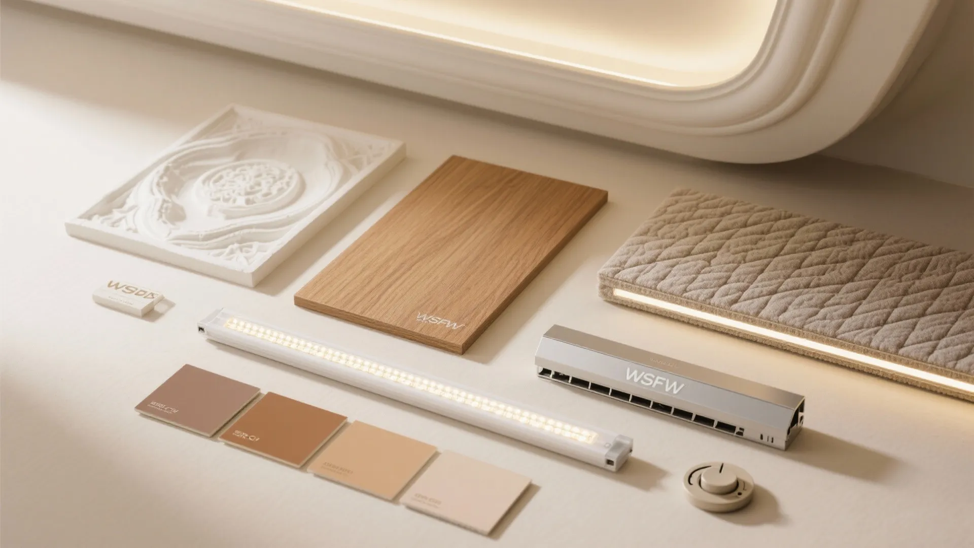 Flatlay of gypsum, oak veneer, acoustic fabric, LED profile, and warm neutral paint chips.
