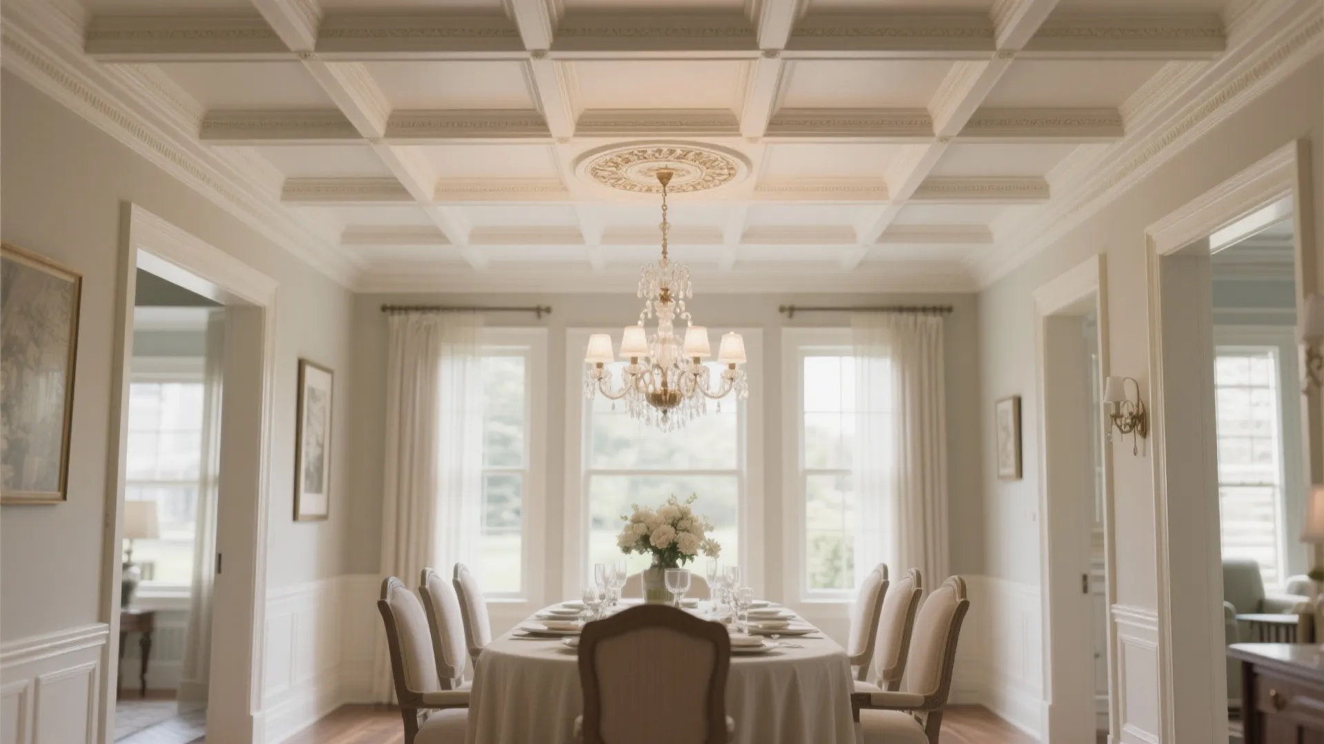 Elegant dining room featuring a white coffered ceiling with a crystal ceiling light and table