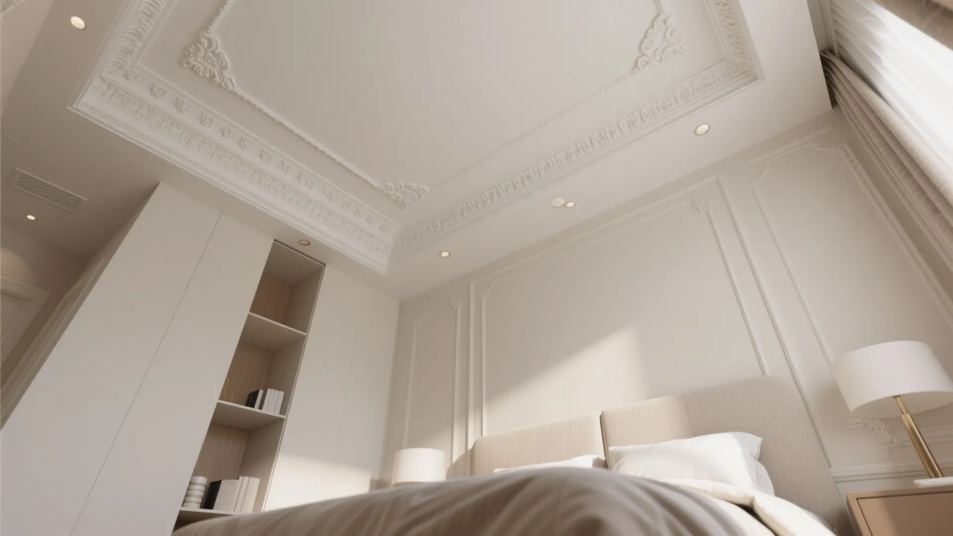 Bedroom interior with decorative ceiling molding and small lights above a bed with a wardrobe