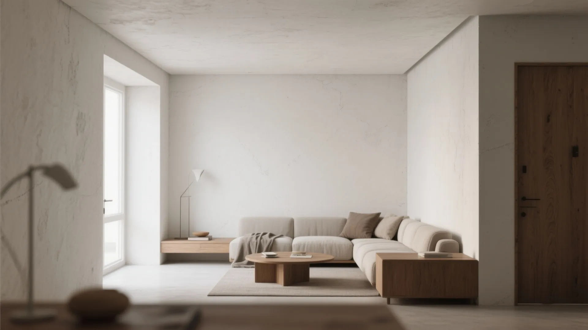 Minimalist living room with beige sofa round coffee table wooden cabinet and bright window natural light