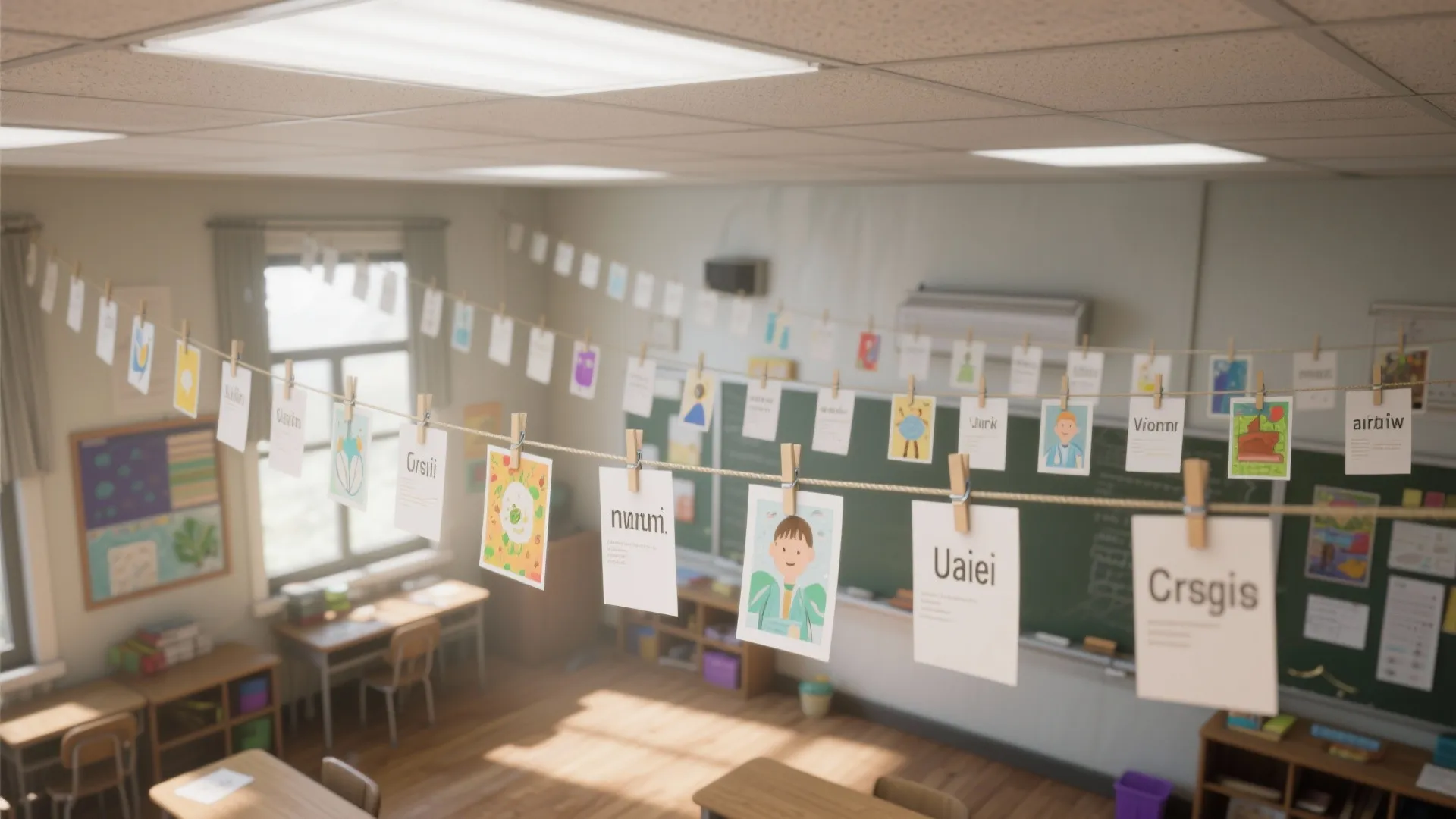 Classroom interior with student artwork hanging on strings across the room near a green chalkboard