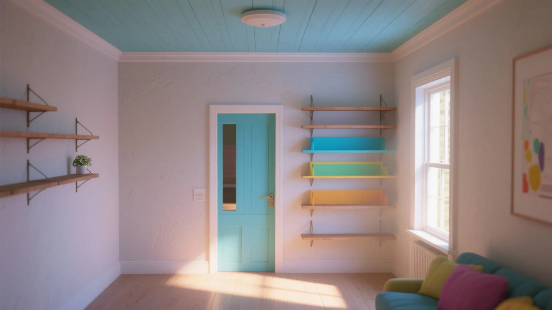 Bright room with blue ceiling blue door colorful wall shelves wooden floor and natural light