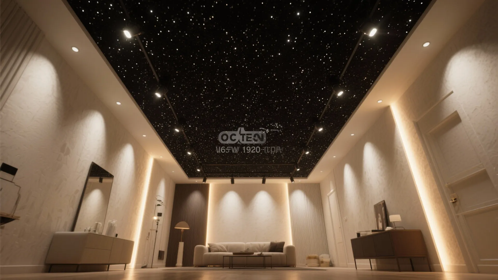 Modern living room featuring a starry night sky ceiling design with white sofa and warm lights