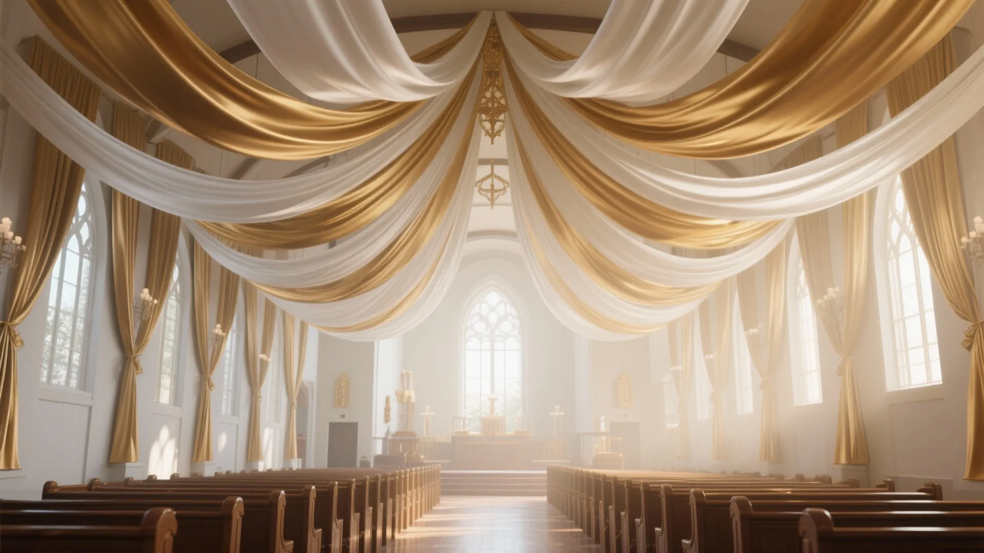 Gold and white fabric drapery on church hall ceiling
