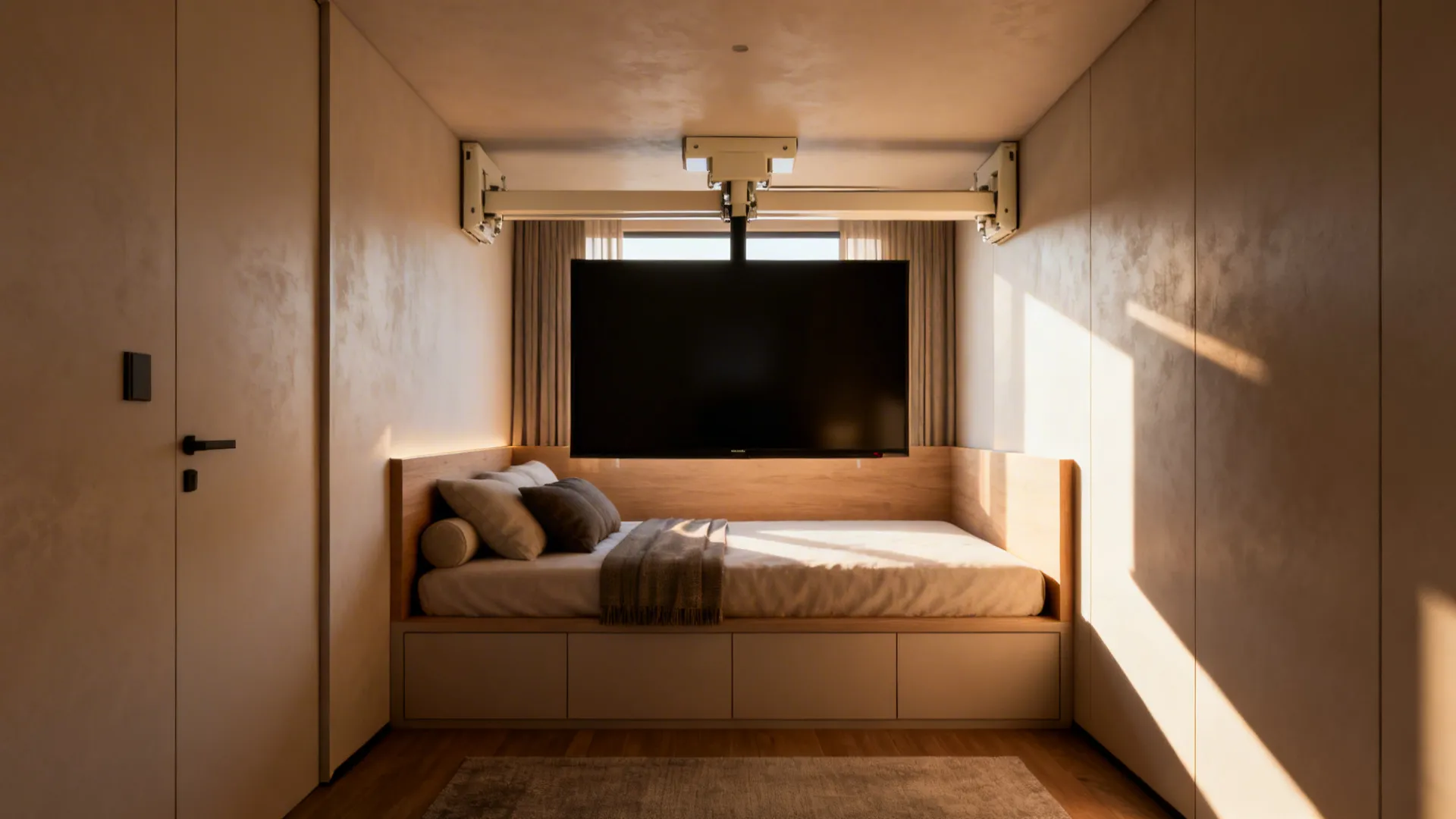 Guest suite with daybed and a ceiling-mounted retractable TV lowering into view