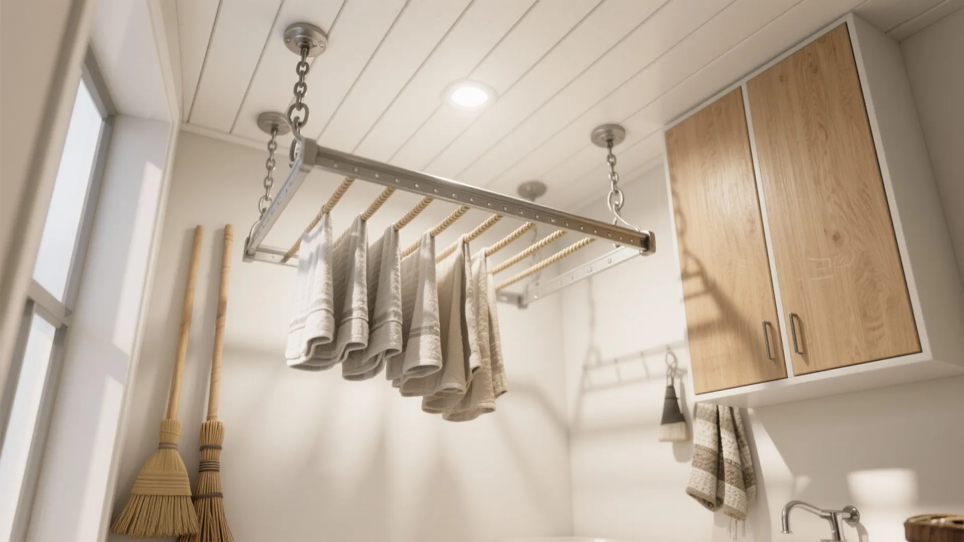 Modern laundry room with white towels hanging on a metal ceiling rack and wood cabinets