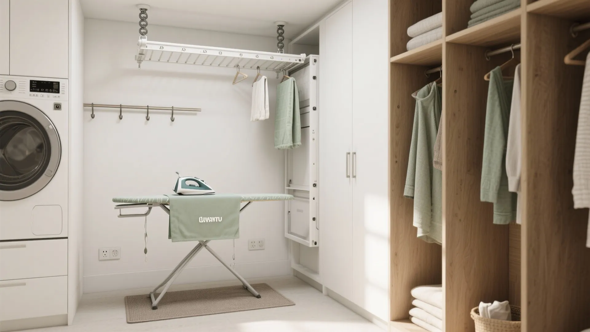Ceiling-mounted pulley drying rack with fold-down ironing board in a tall cabinet