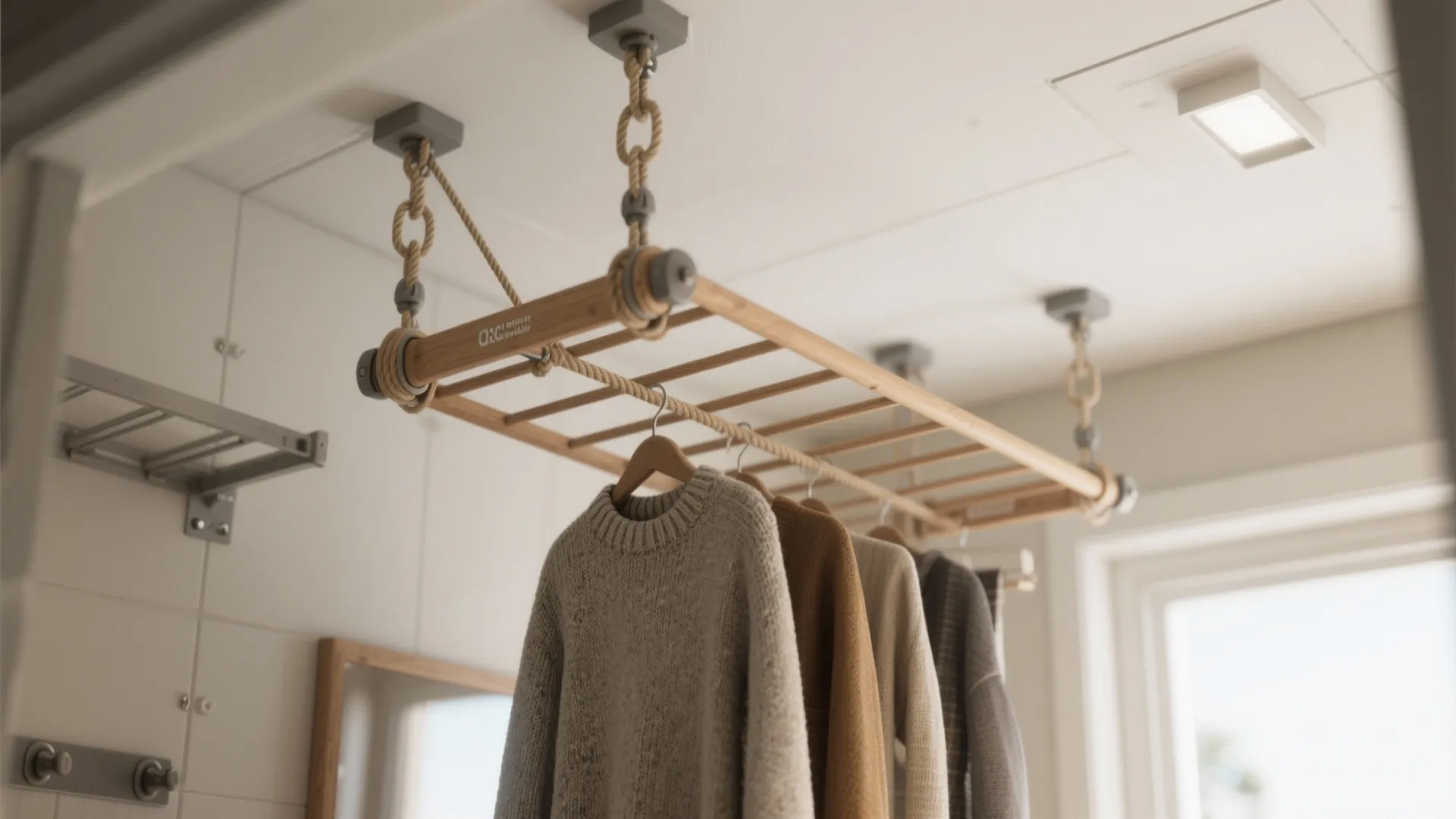Wooden ceiling hanging rack with ropes holding sweaters and clothing in a bright laundry room