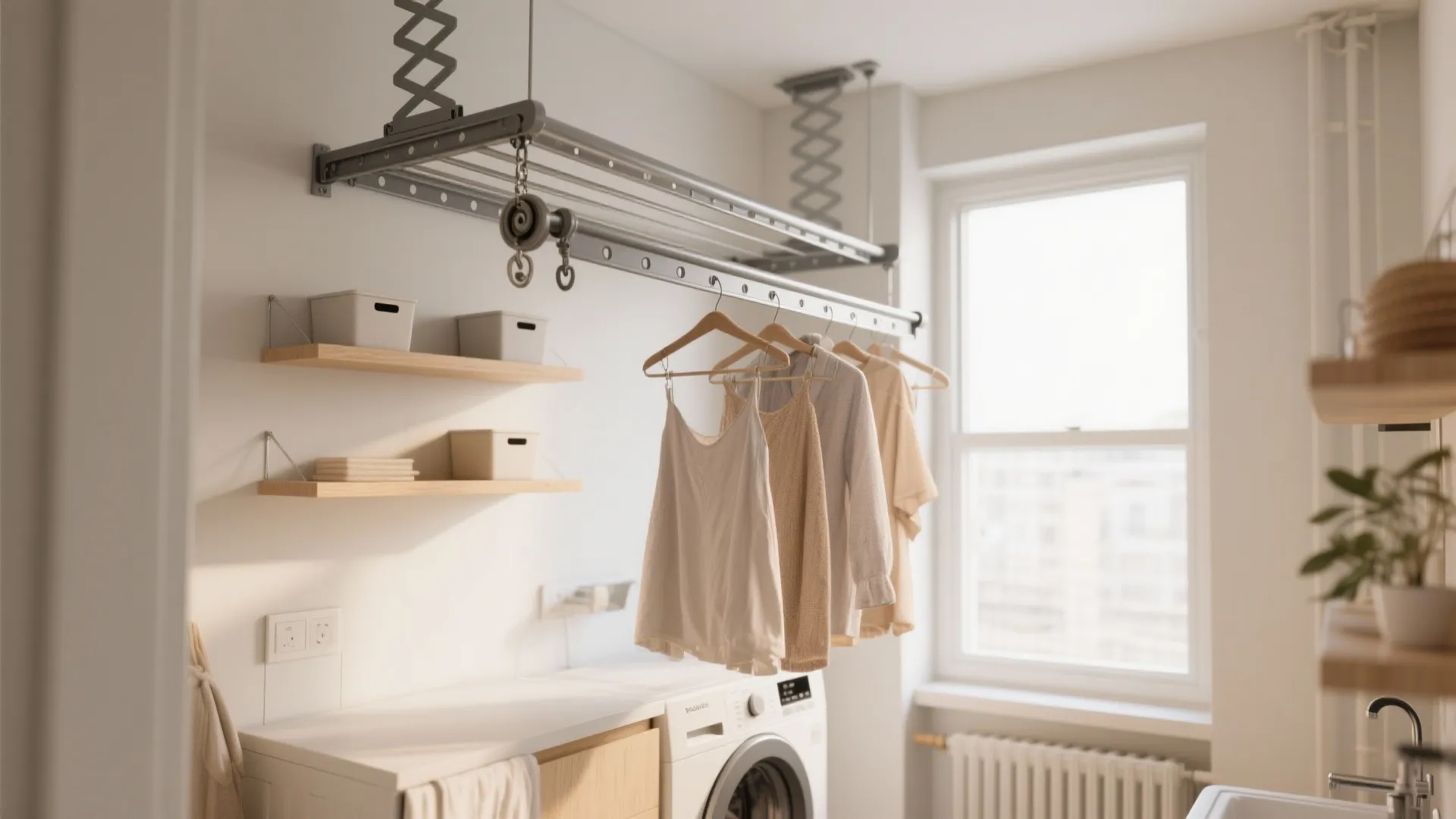 Bright laundry room with ceiling drying rack hanging clothes above washing machine and wooden shelves