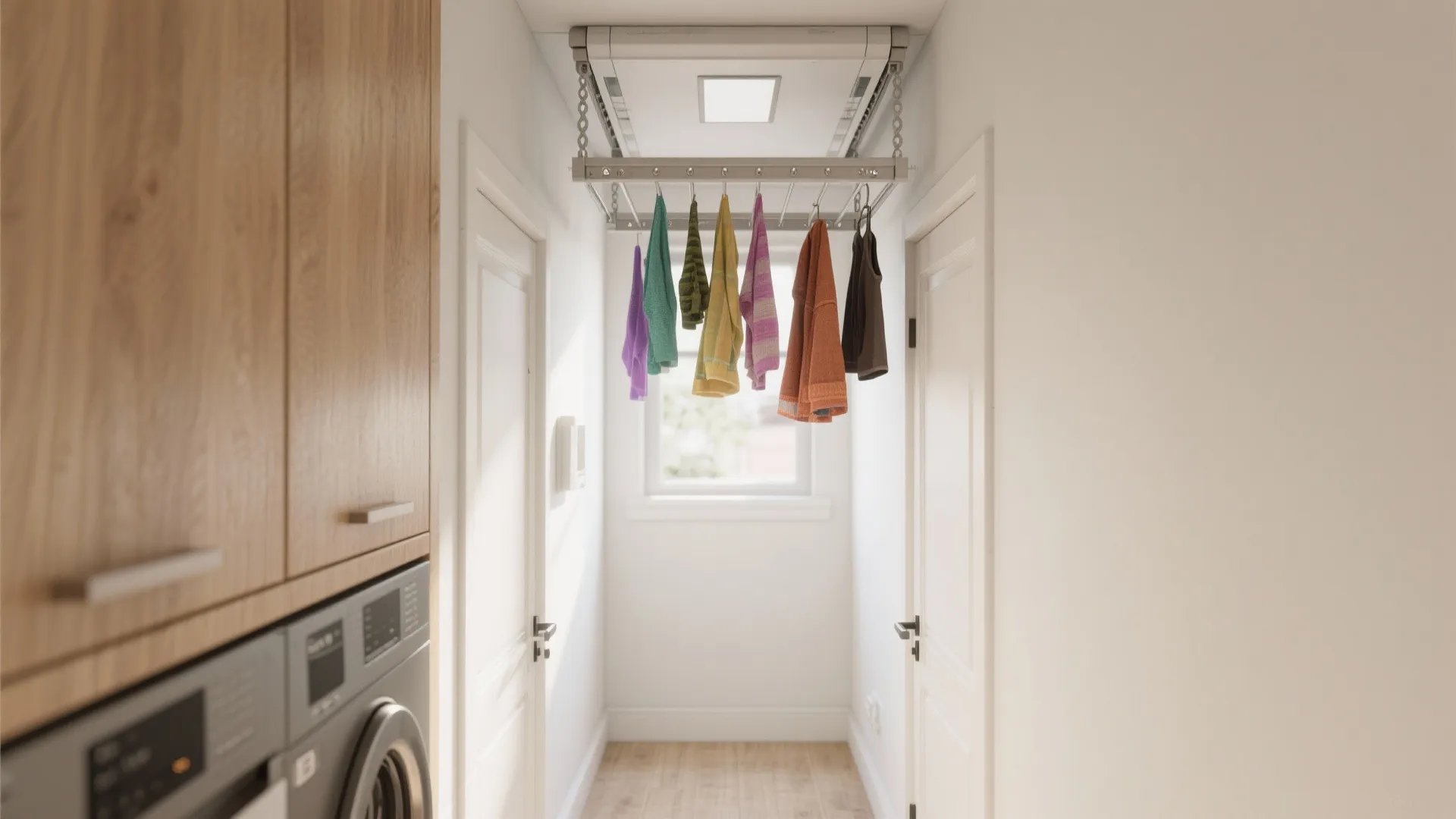 White laundry room hallway with a ceiling drying rack holding colorful clothes near a window
