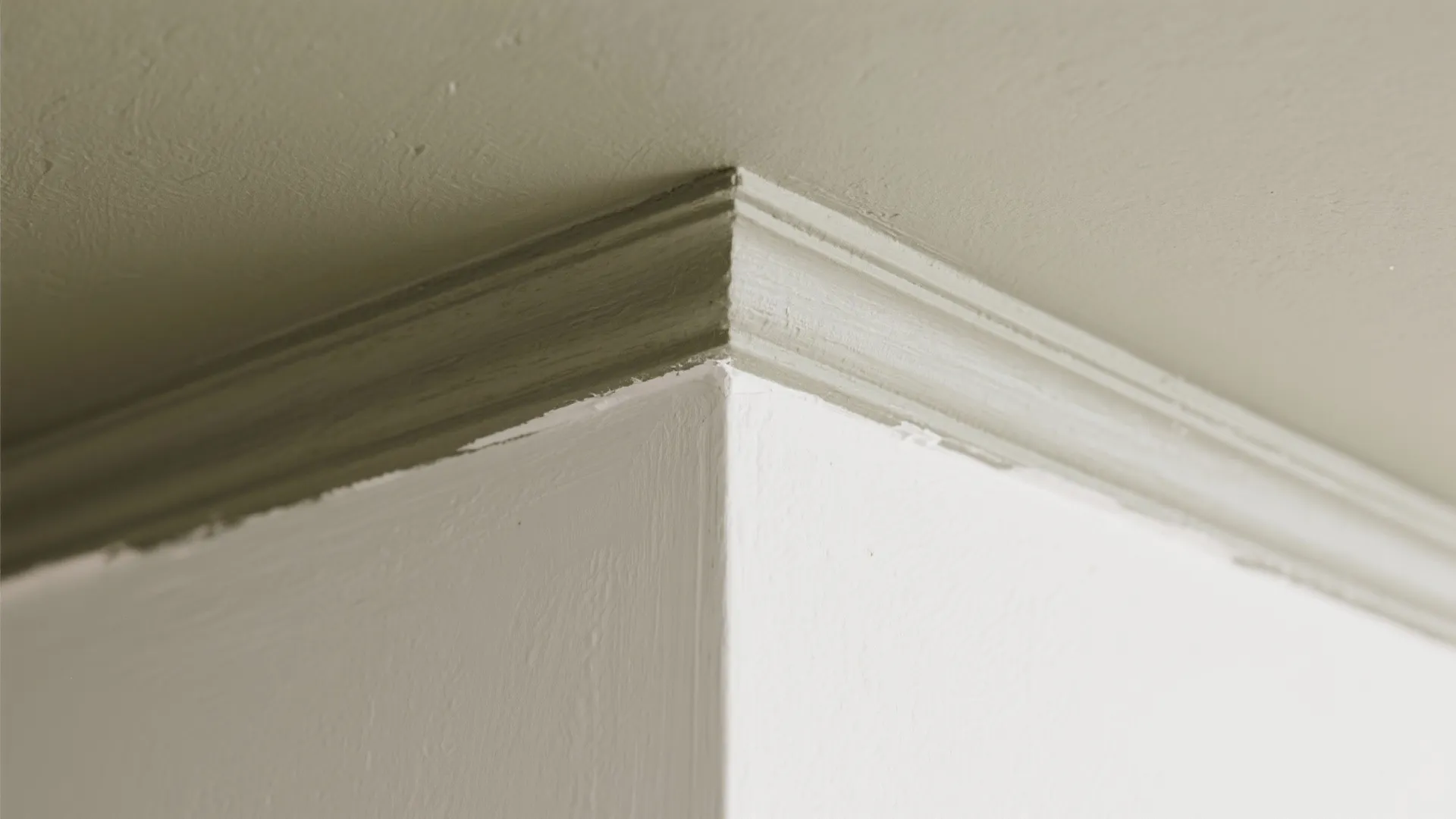 Close up of a room corner with white wall and a grey textured wall panel border