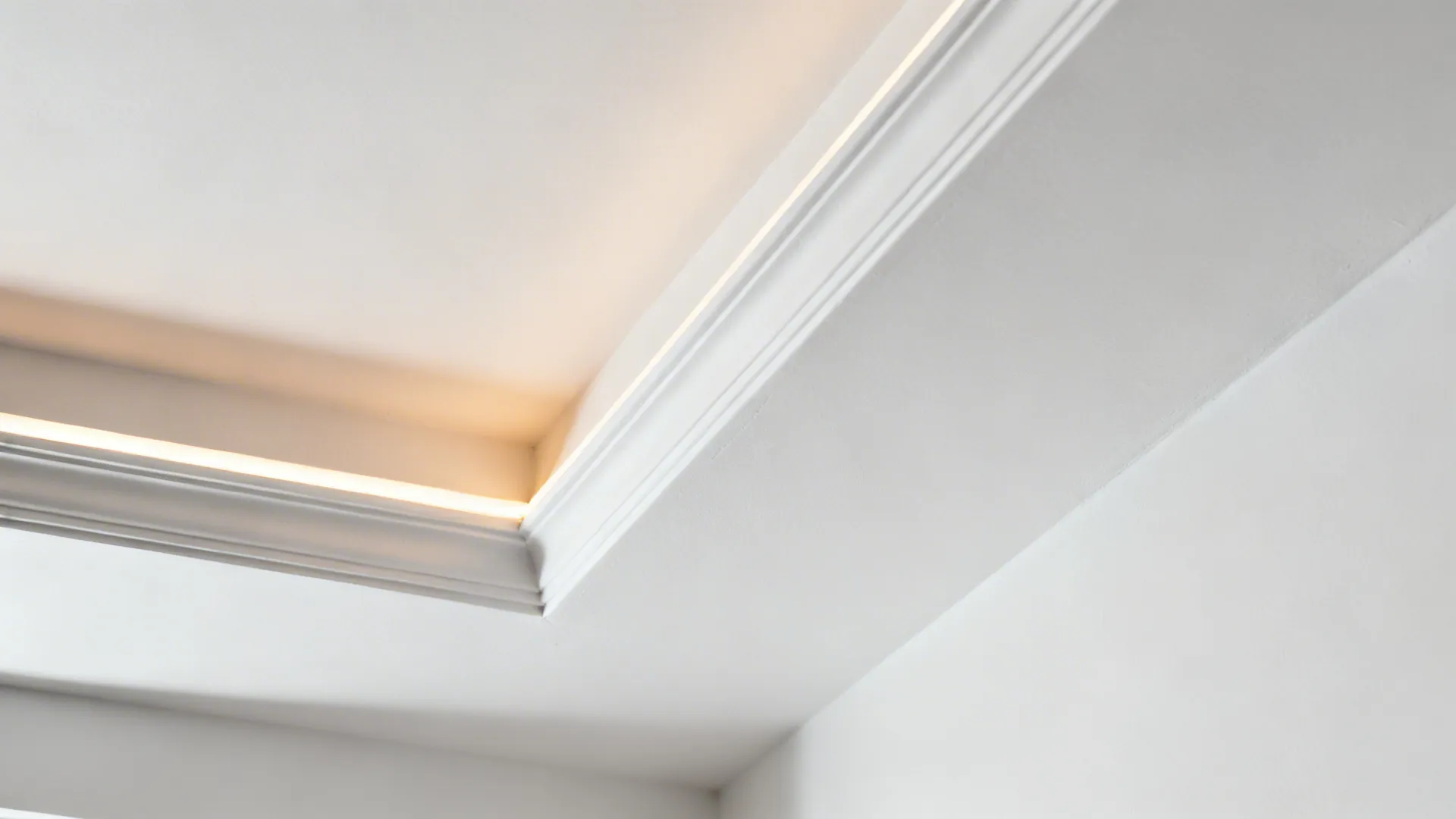 Macro of a raised trim meeting a recessed tray with diffused warm LED glow on matte white paint.