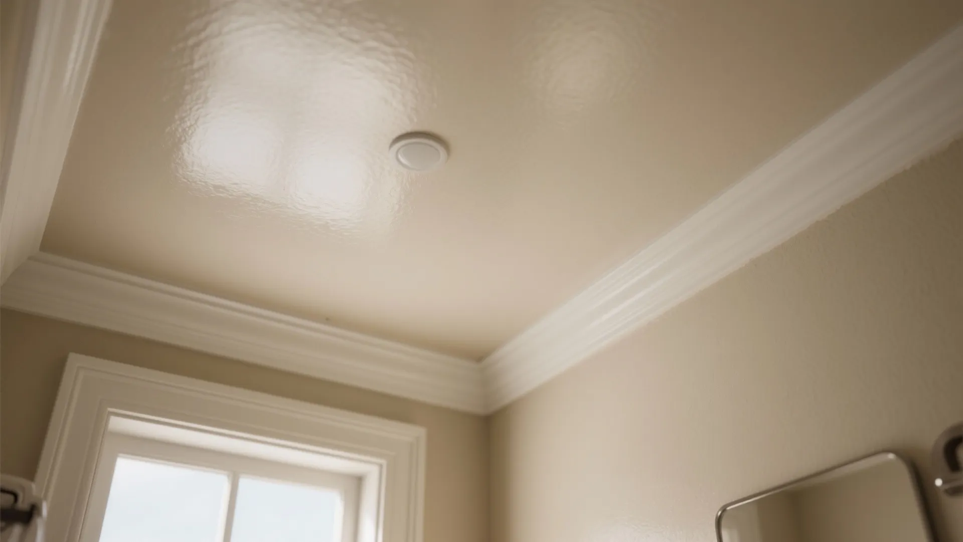 Close up view of a smooth beige ceiling with white wall panel trim and light