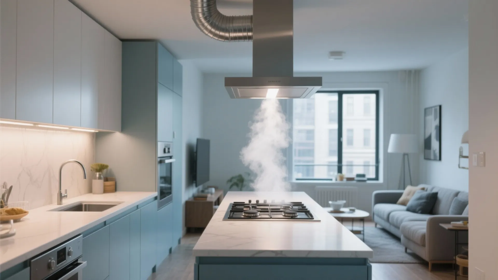 Modern blue kitchen with stove and vent hood showing steam next to a grey sofa