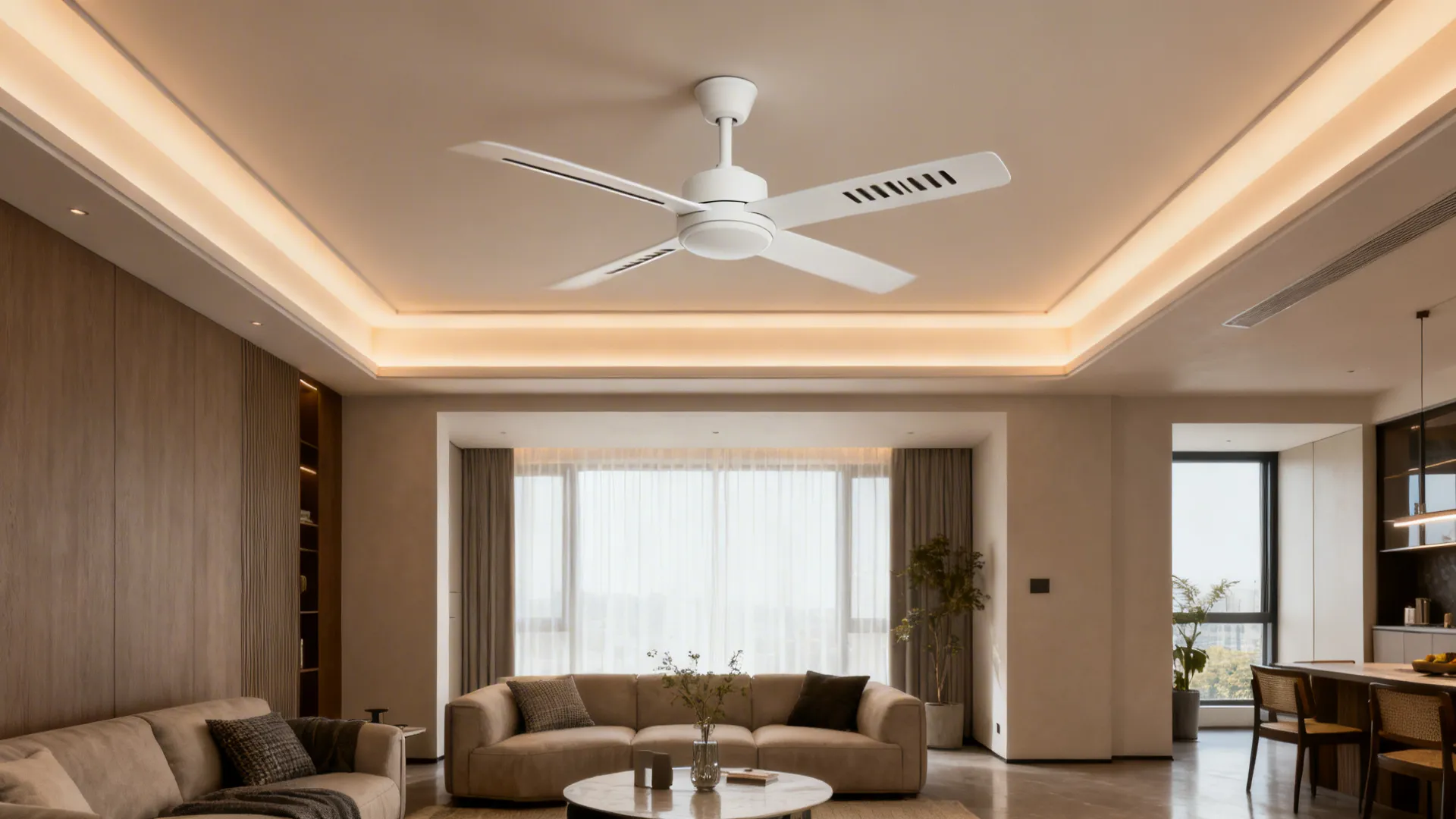 Cohesive small living room with shallow tray, warm cove light, centered DC fan, and safe slot lighting.
