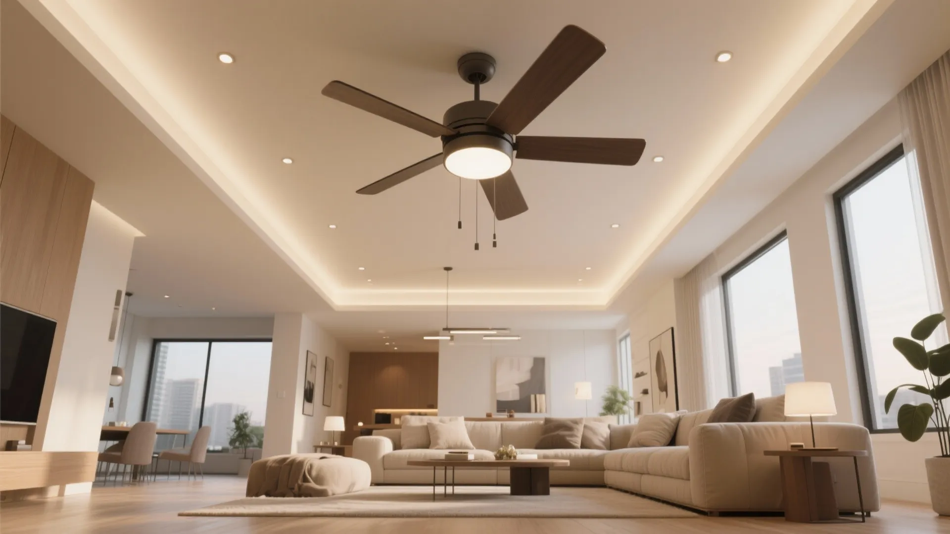 Modern living room with wooden ceiling fan light beige sofa coffee table and warm light