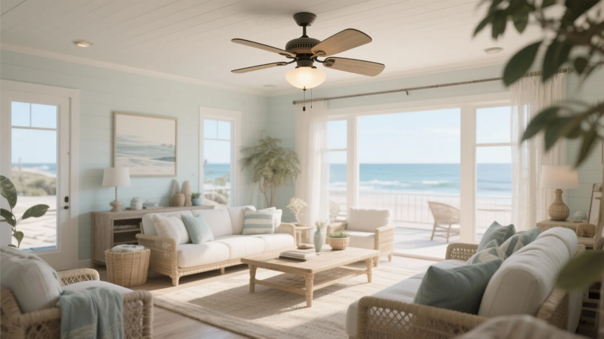 Coastal living room with ceiling fan and integrated light