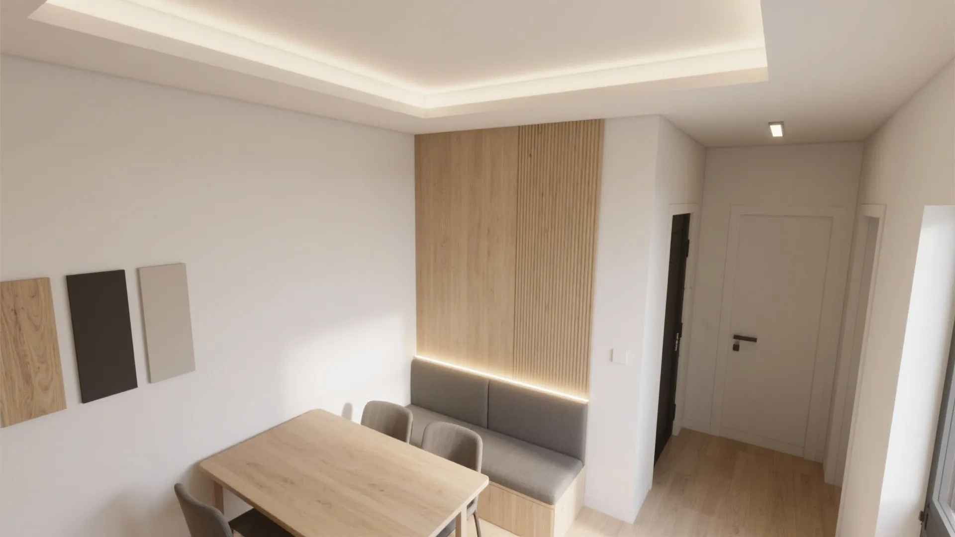 Modern dining nook featuring grey bench wood wall panel wood table and warm ceiling light