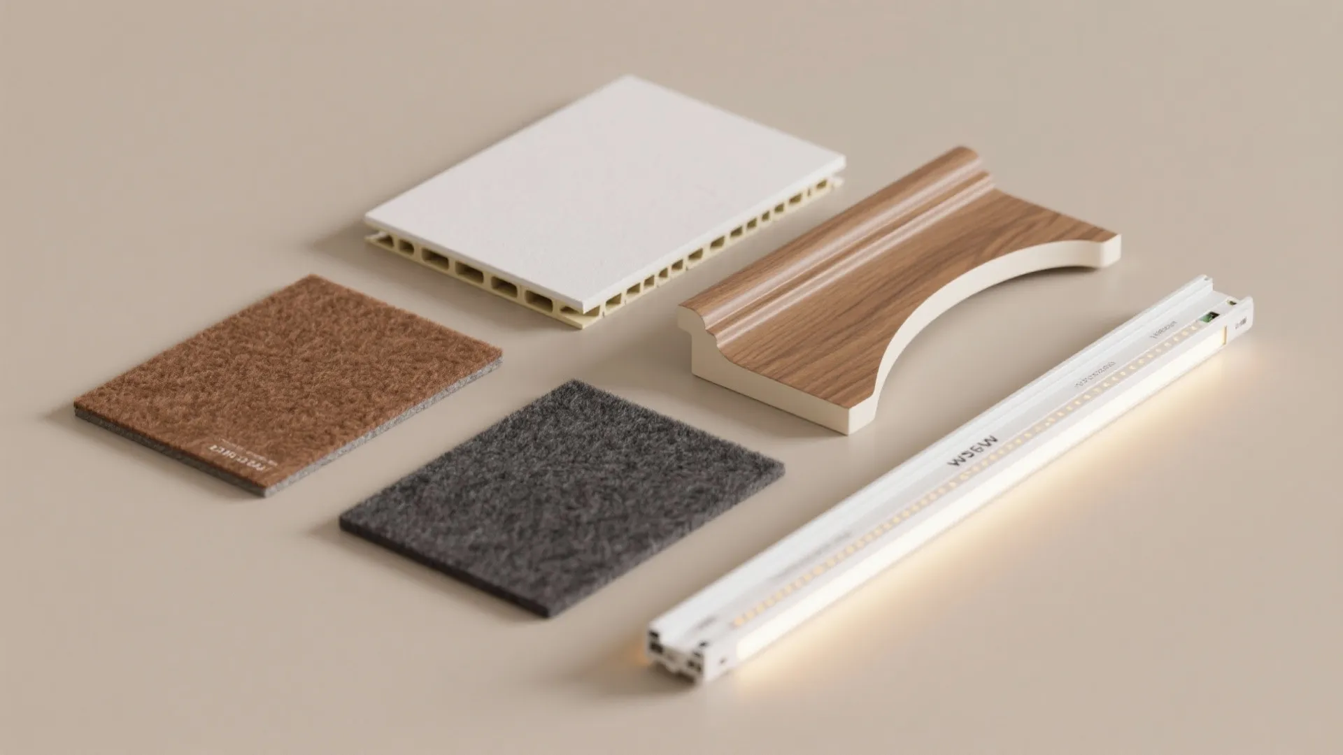 Modern ceiling materials including white wall panel wood trim fabric swatches and a light fixture