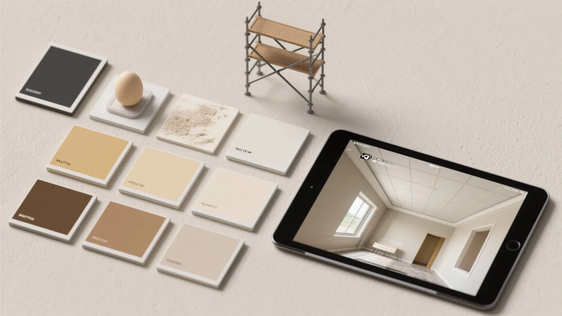 Interior design drawing on tablet with color paint samples and a small construction site model