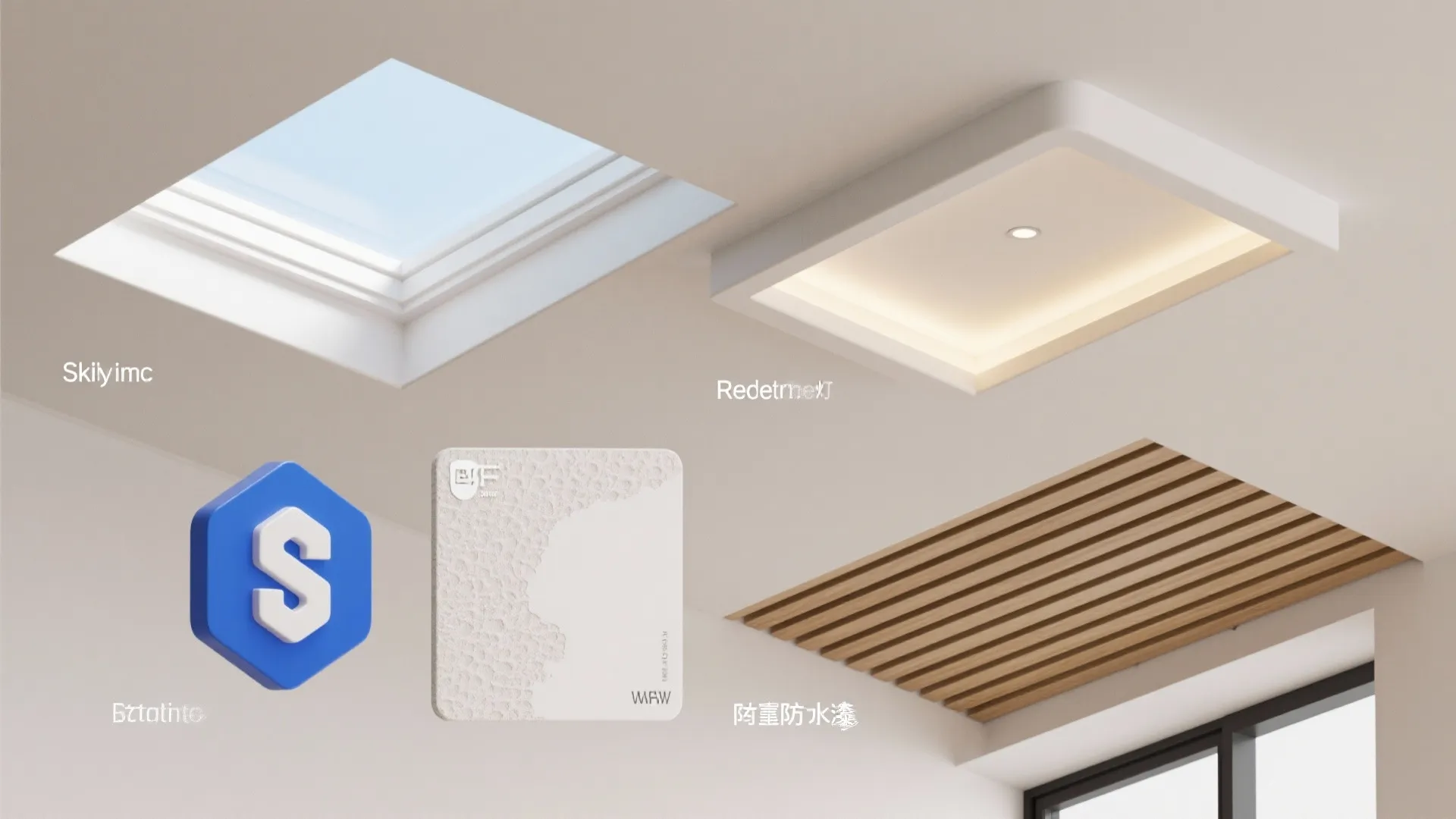 Graphic showing different ceiling design elements including roof window light fixtures and wood panel details