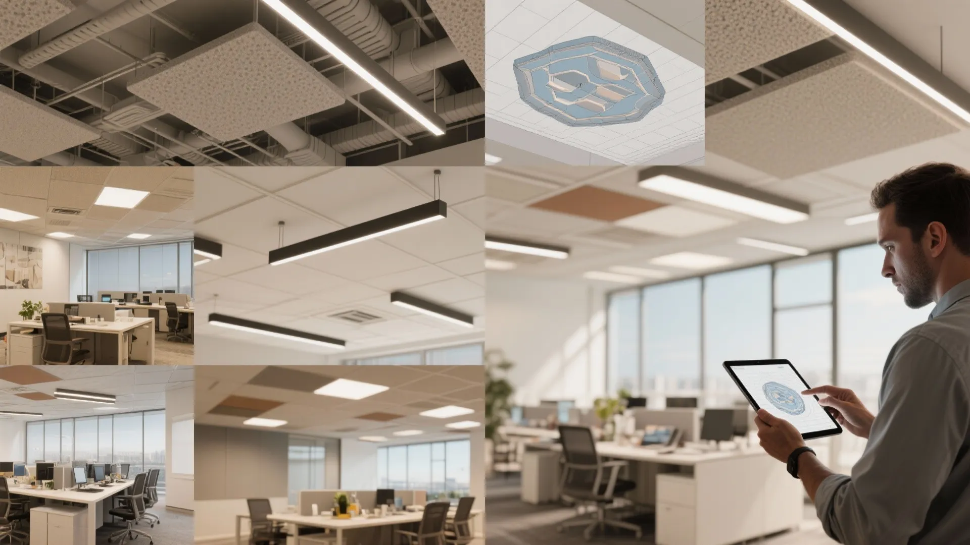 Collage-style office scene with vignettes showing ceiling solutions like acoustics, exposed systems, and lighting mockups.