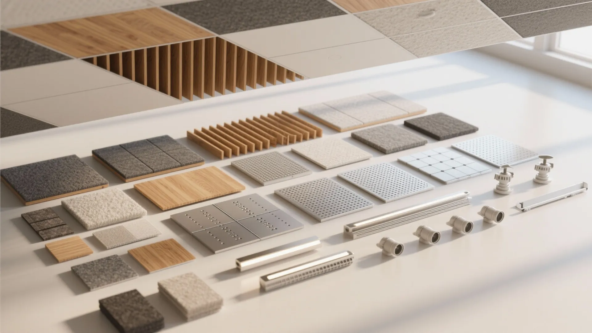 Various ceiling tile samples including wood panels and acoustic boards arranged on a white background
