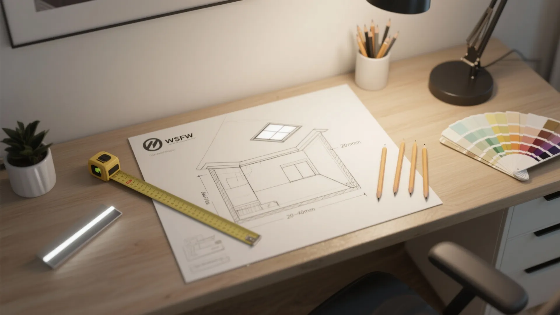 Interior design drawing on desk with tape measure pencils color palette and small desk lamp