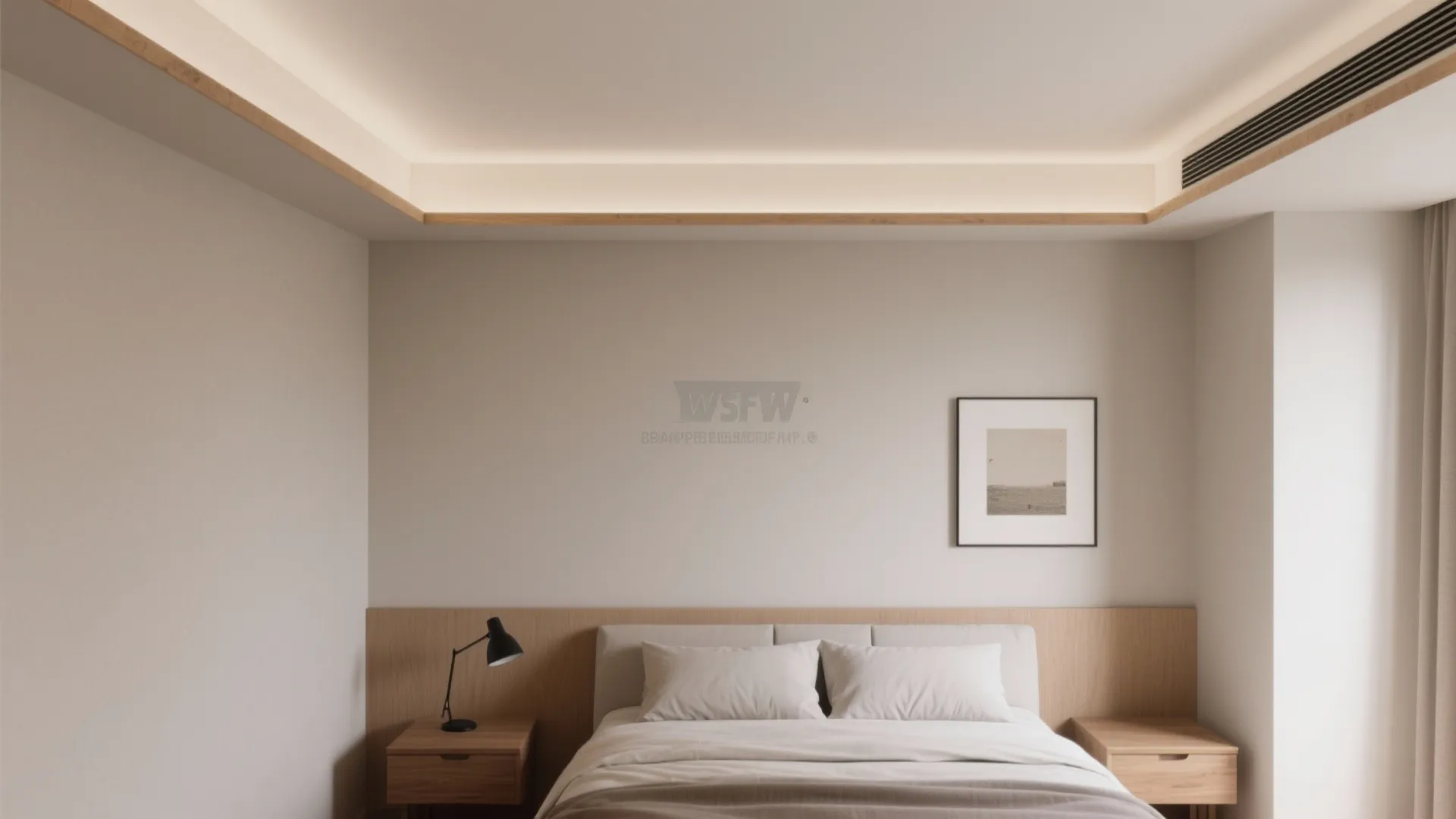 Modern bedroom featuring a wooden headboard with white pillows and a warm glowing ceiling light