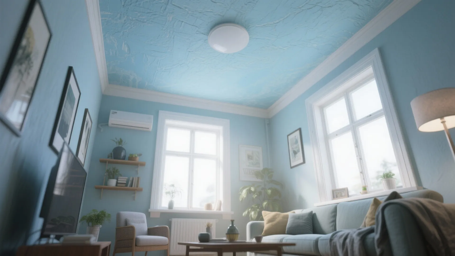 Bright blue living room with textured ceiling white sofa round ceiling light and large windows