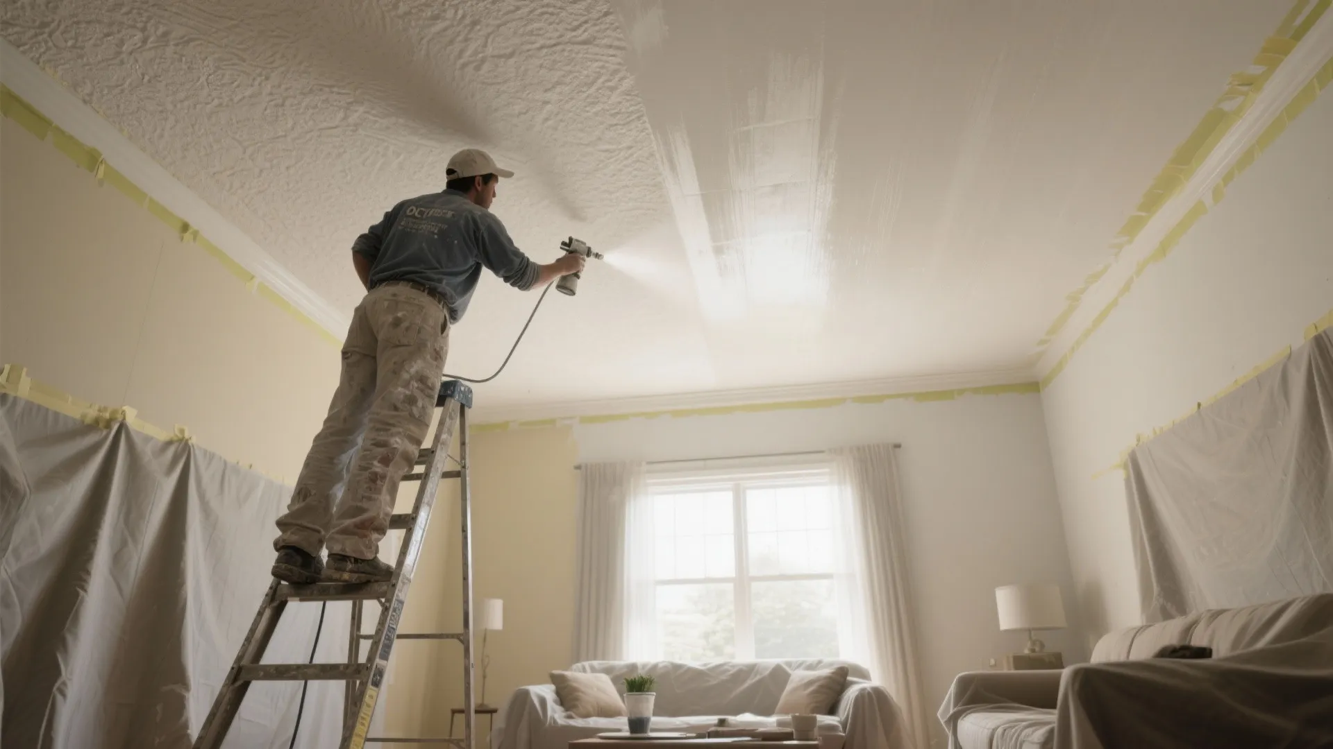 Professional painter on a tall ladder using a spray gun to paint a white ceiling