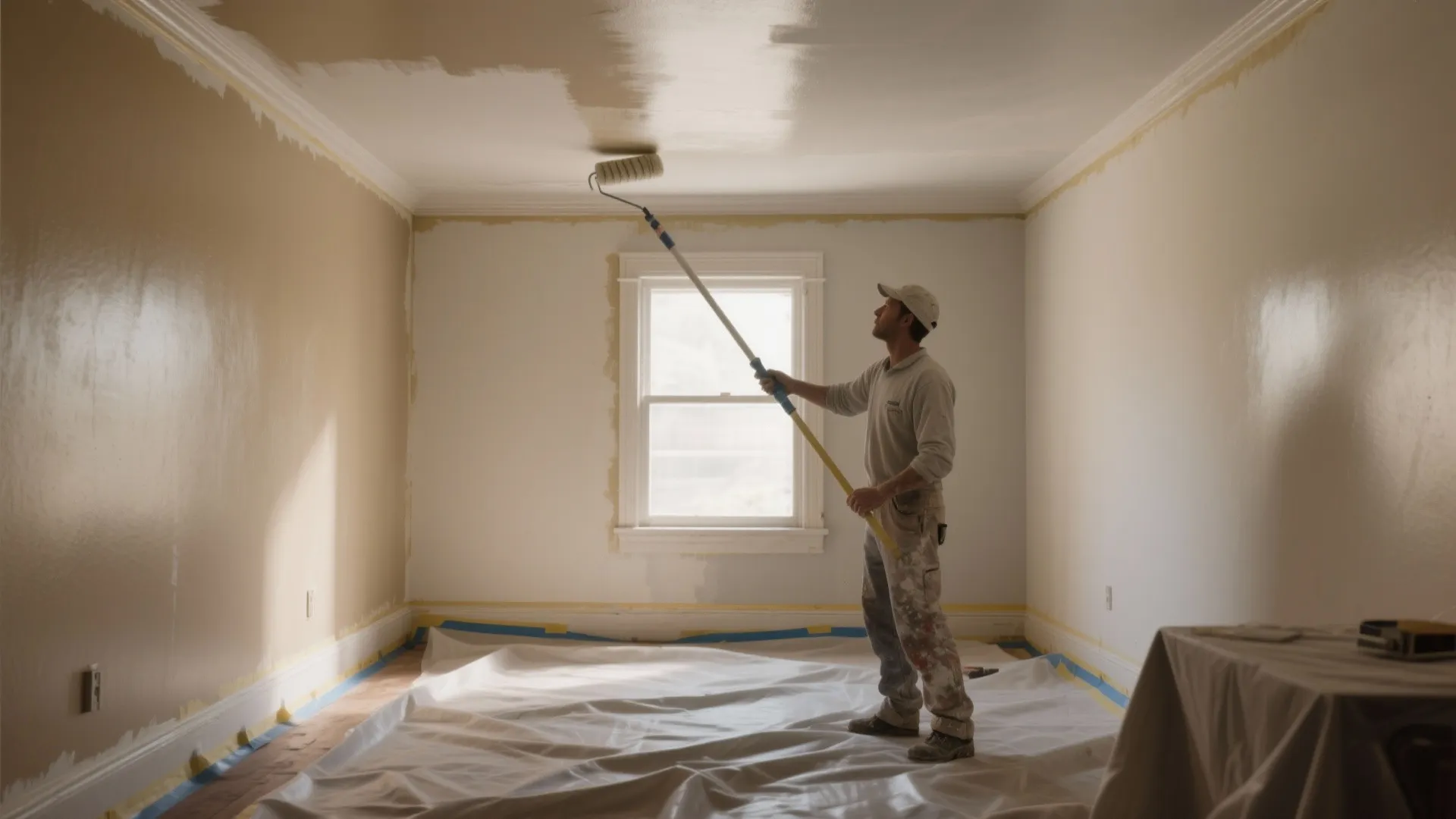 Professional painter using long pole roller to paint white ceiling in room with floor protection