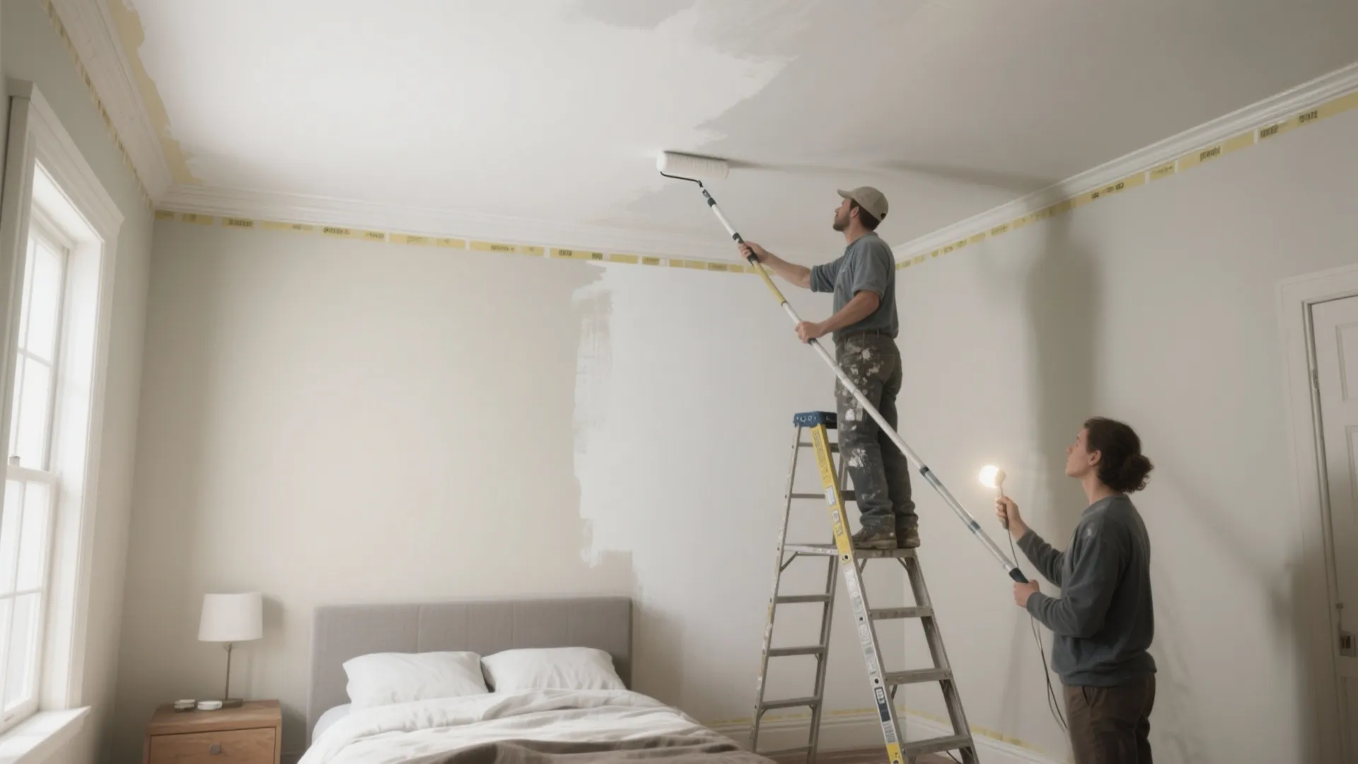 Painter using an extension pole to paint a bedroom ceiling first, with tape on molding and a second person steadying the ladder.