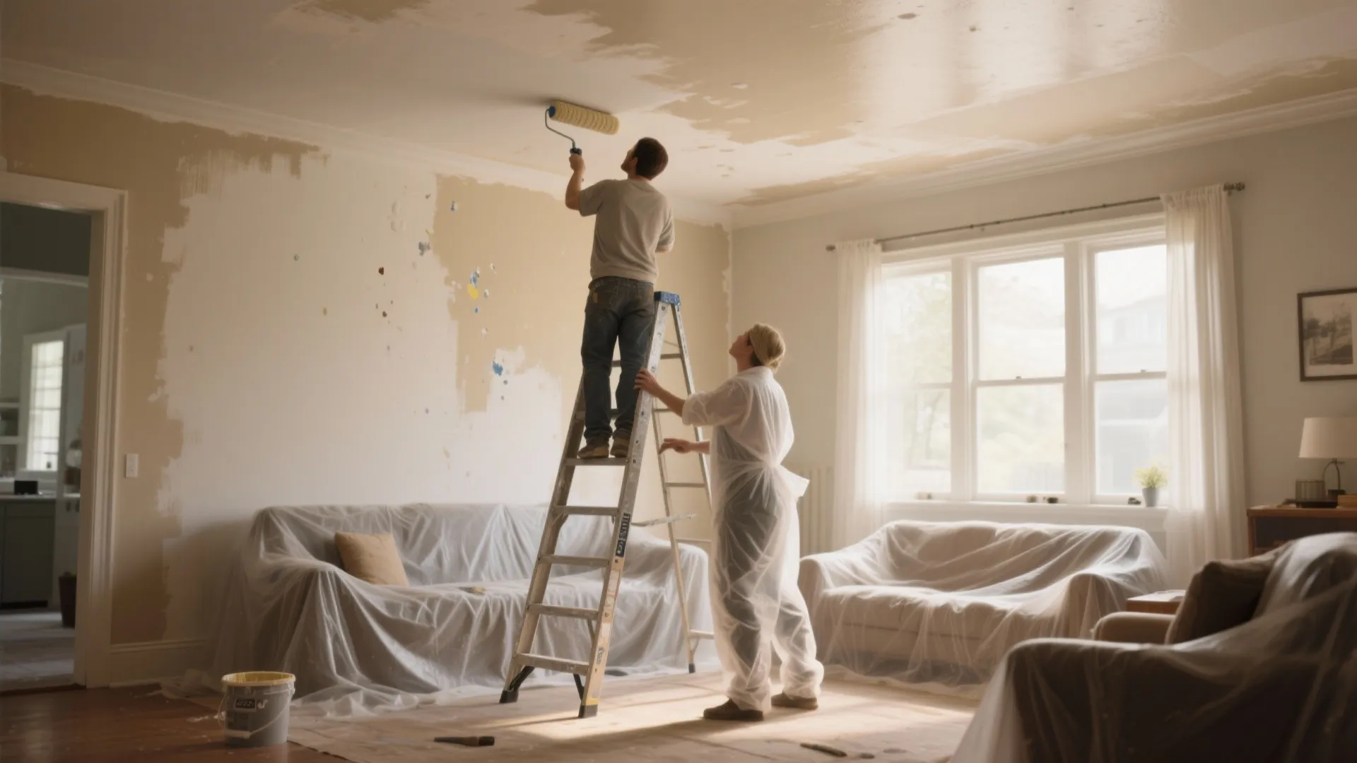 Man on a ladder painting a ceiling with a roller while a woman stands nearby