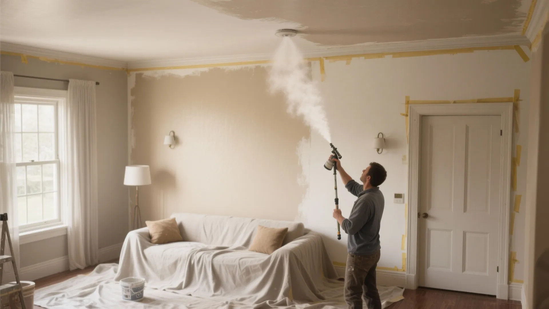 Painter spraying the ceiling first in a small room with careful masking around fixtures and door frames.