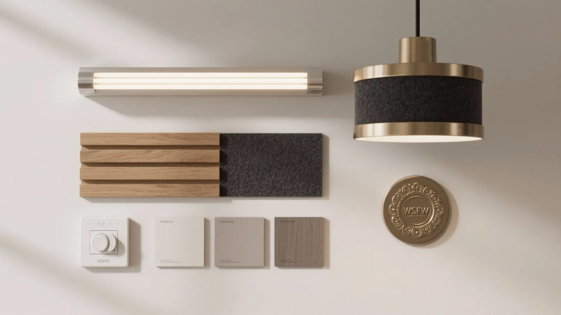 Interior design material mood board with wood wall panel fabric samples light fixture and switch