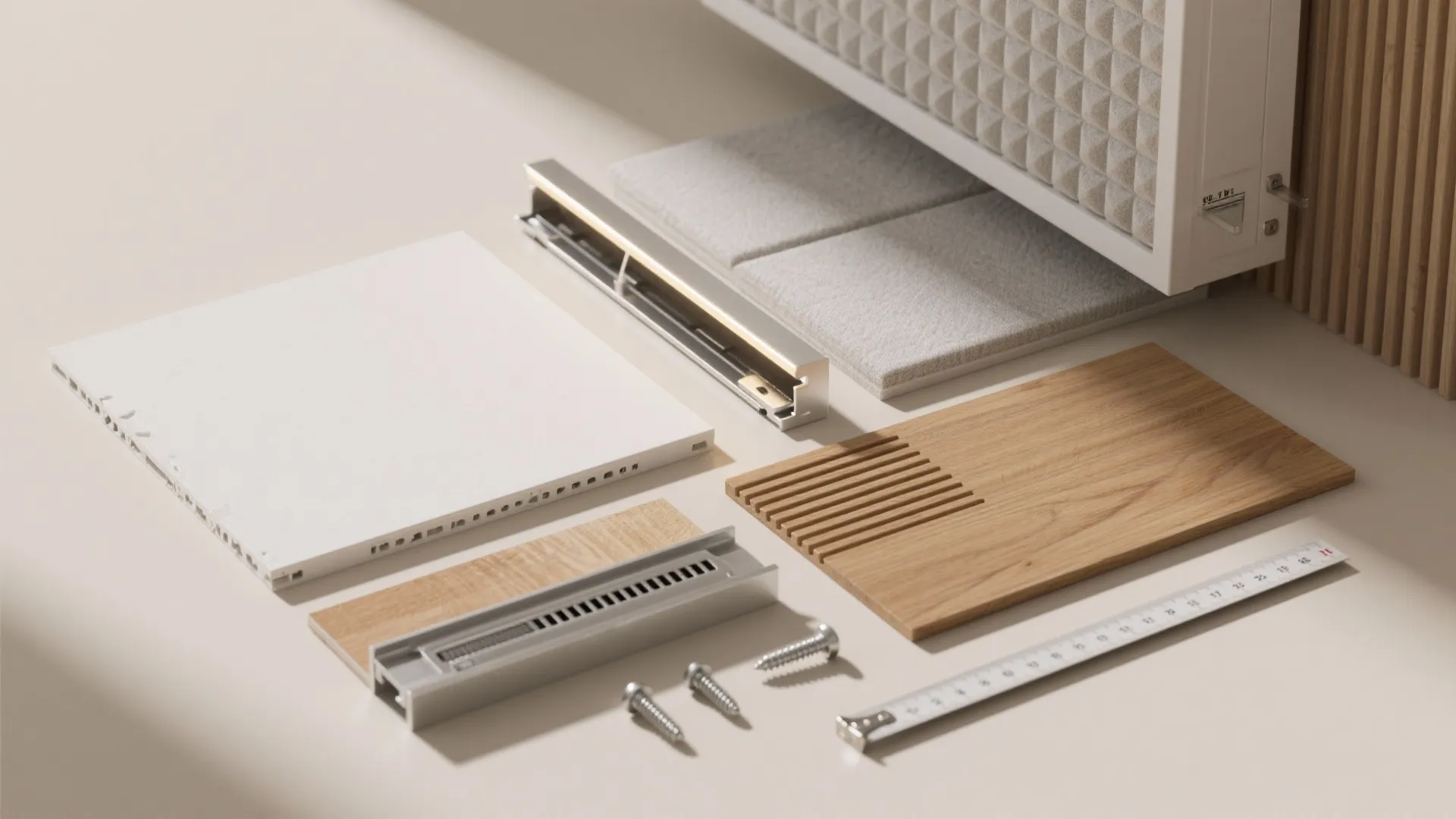 [
  {
    "url": "https://coohom-biz-sg-s3.coohom.com/ins/static/article/ceiling-flatlay-1760333958391306800.jpg",
    "alt": "Interior design materials including light wood planks, white panels, metal tracks, screws, and measuring tape"
  }
]