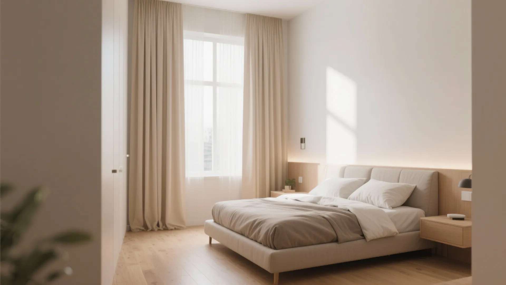 Modern minimal bedroom with beige curtains large window wooden floor cozy bed and natural light